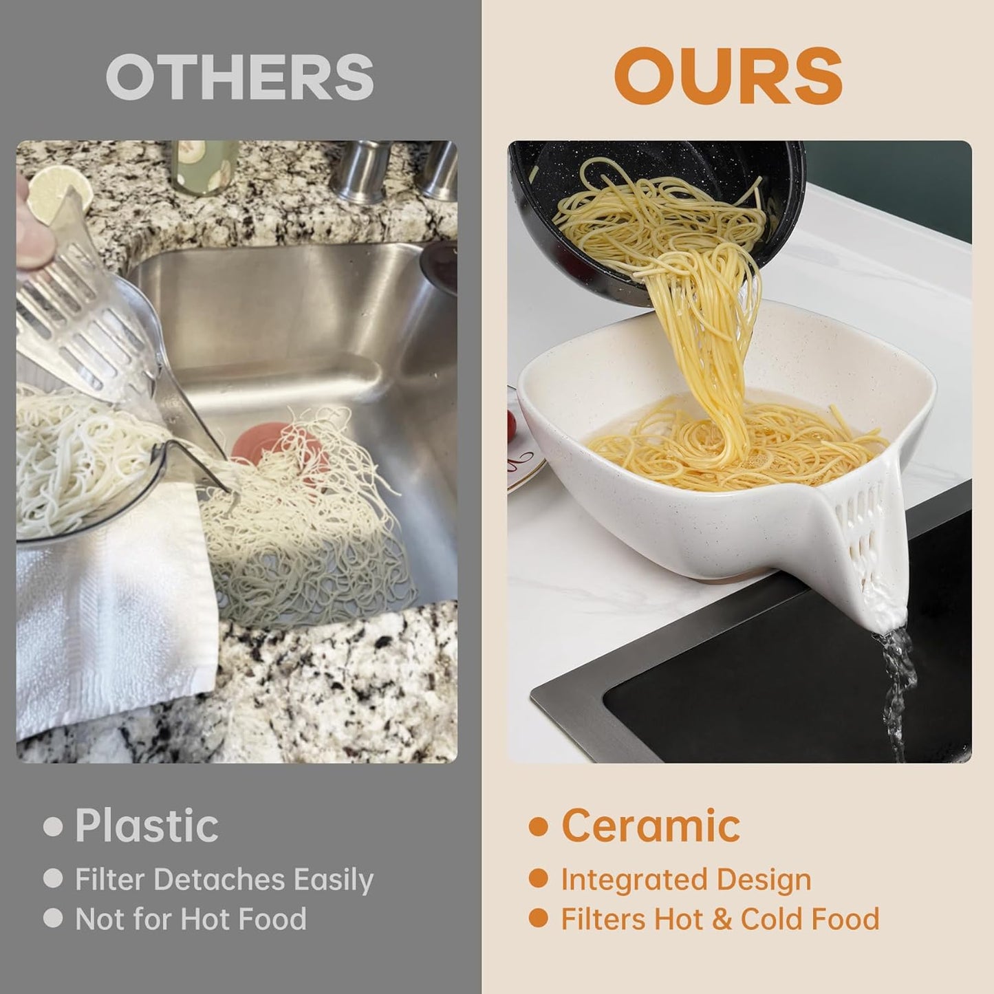 NiHome Ceramic Food Strainer with Integrated Drain Spout, Large Capacity Colander for Vegetables, Fruits, Pasta & More, Heat-Resistant, Crack-Proof, Easy to Clean, Dishwasher-Safe (Speckled White)