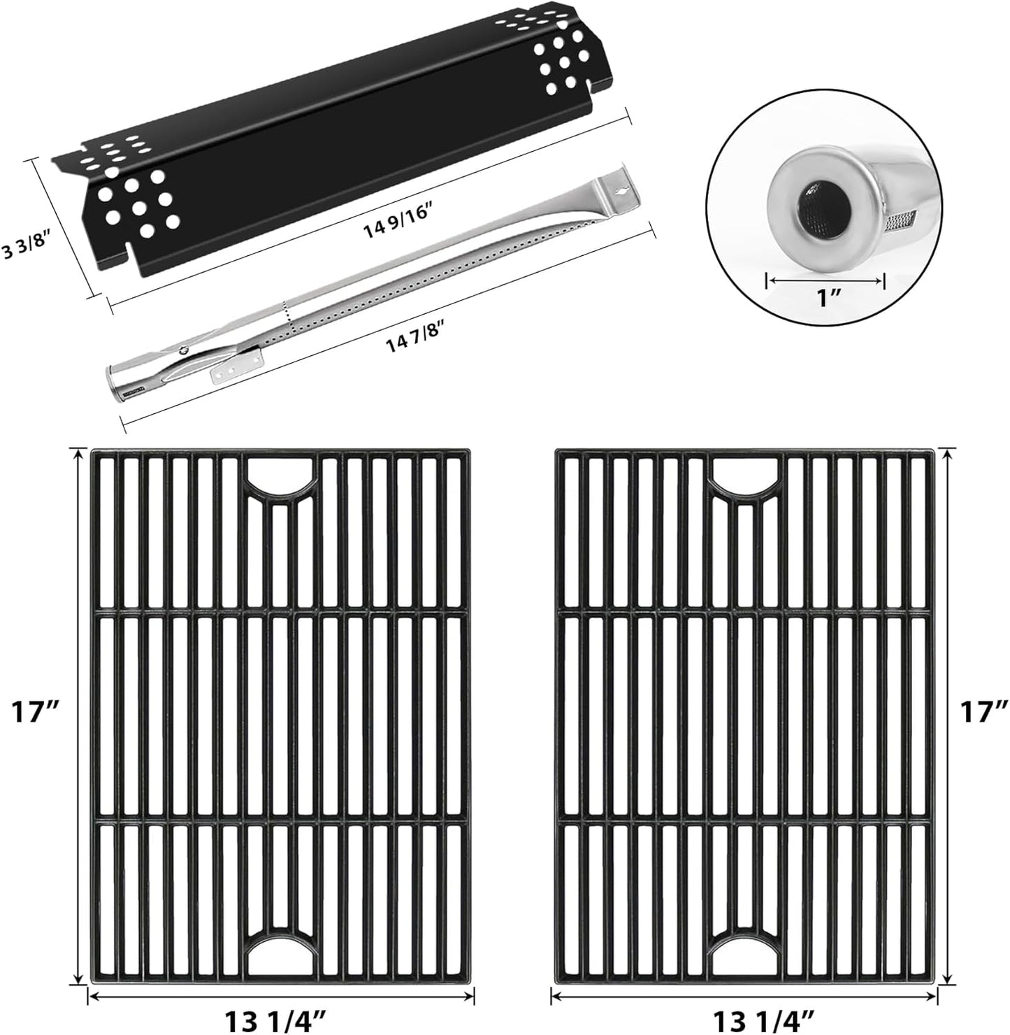 CANDANA Replacement Parts for Nexgrill 4 Burner 720-0830H 720-0830D 720-0783C 720-0783E 720-0958A, 17" Cast Iron Grill Grate, Grill Burner, Heat Plate, Igniters for 5 Burner 720-0888N