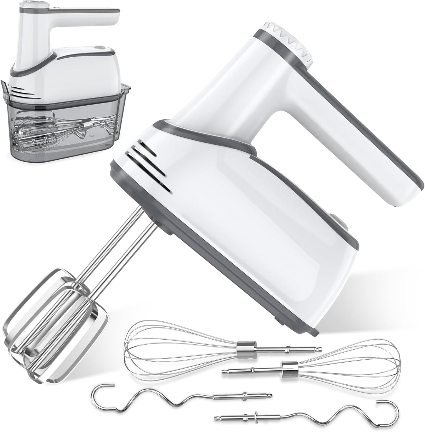 Cordless Electric Hand Mixer: 12 Speeds Powerful Handheld Mixer with 6 Stainless Steel Attachments (2 Beaters, 2 Dough Hooks, 2 Whisks), Snap-On Storage Case & Eject Button (White)