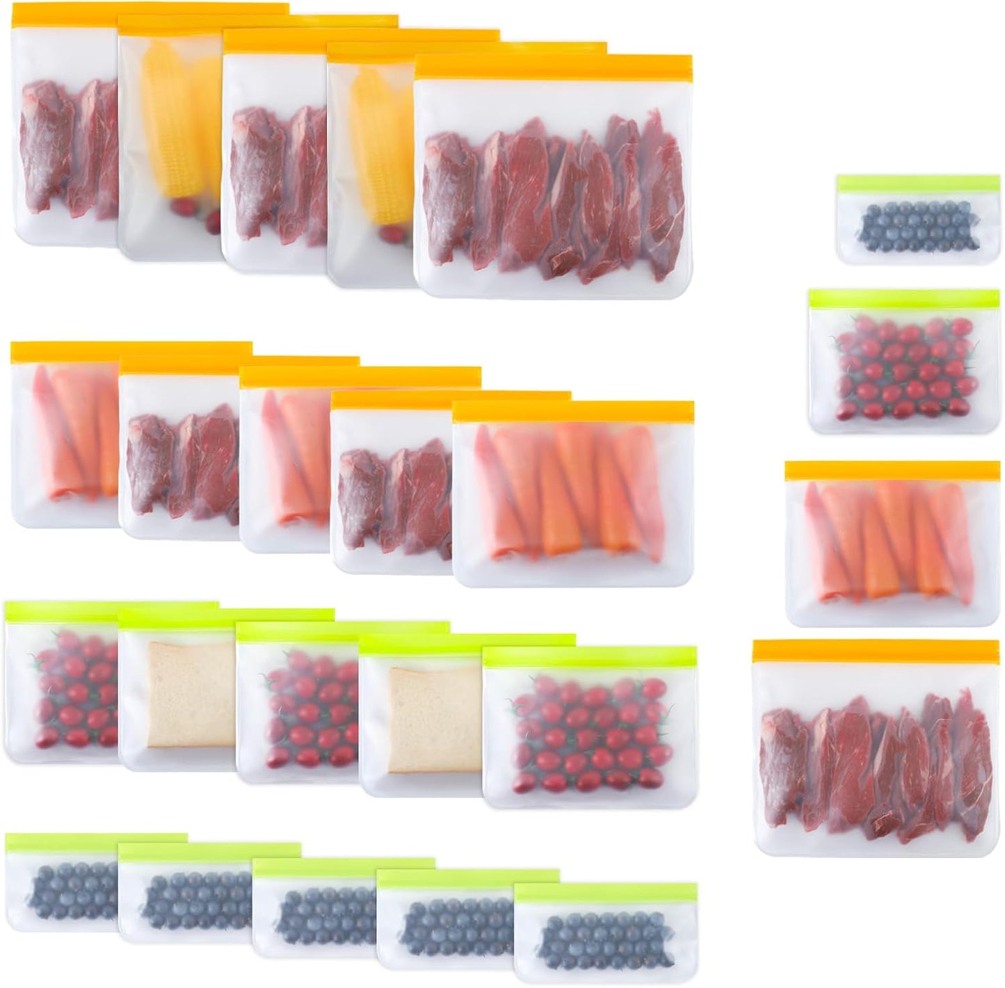 24 Pack Reusable Bags, Dishwasher Safe Silicone Food Storage Bag, 4 Sizes Leakproof Reusable Freezer Bags for Marinate Meats, Cereal, Vegetables, Home.