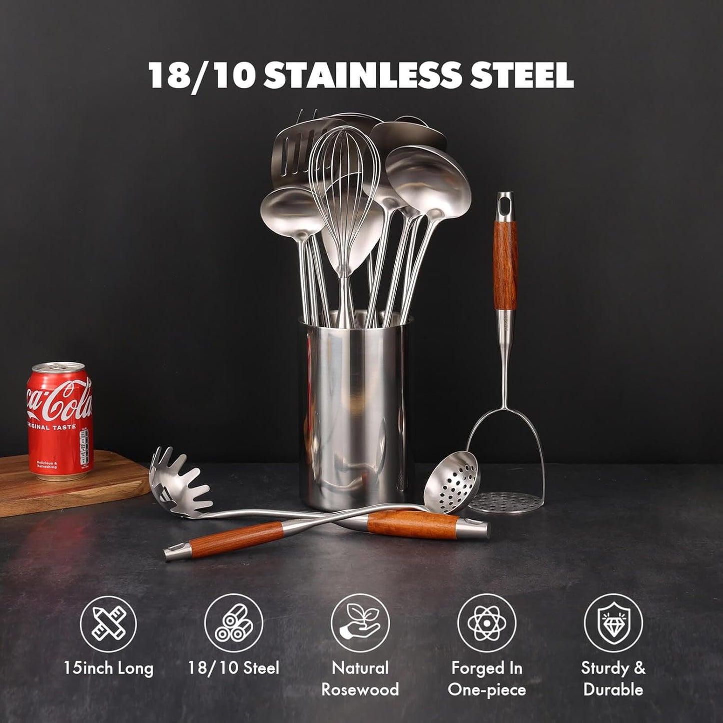 18/10 Stainless Steel Kitchen Utensils Set with Wooden Handle - 14 PCS Metal Cooking Tools & Serving Utensil, Large and Small Spoons Set - Whisk, Masher, Fork, Spatula, Turner, Ladle, Skimmer, Pasta