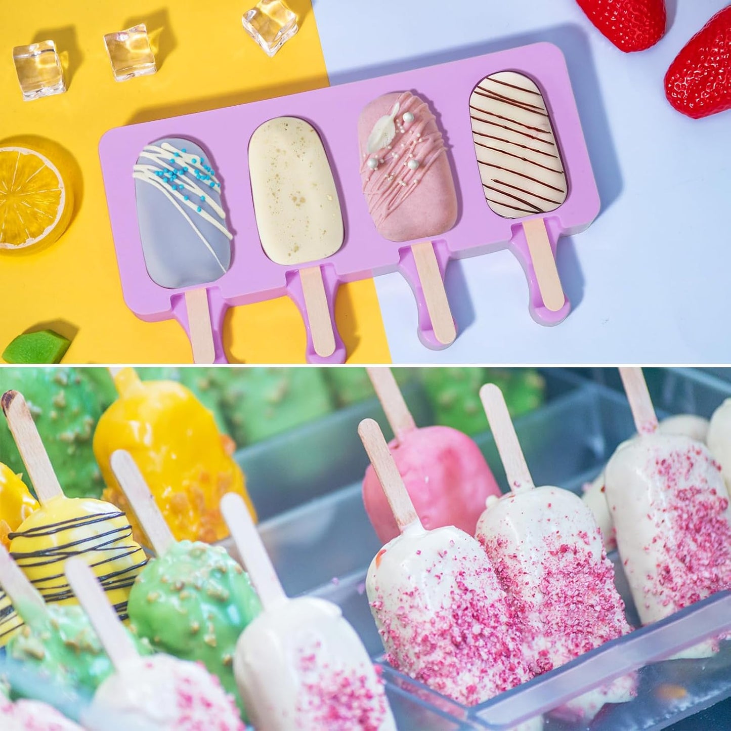 Ozera Popsicles Molds, 2 Pack Silicone Cake Pop Molds Reusable Popsicle Maker Ice Pop Cakesicle Molds with 50 Wooden Sticks & 50 Popsicle Bags for Homemade DIY Popsicles