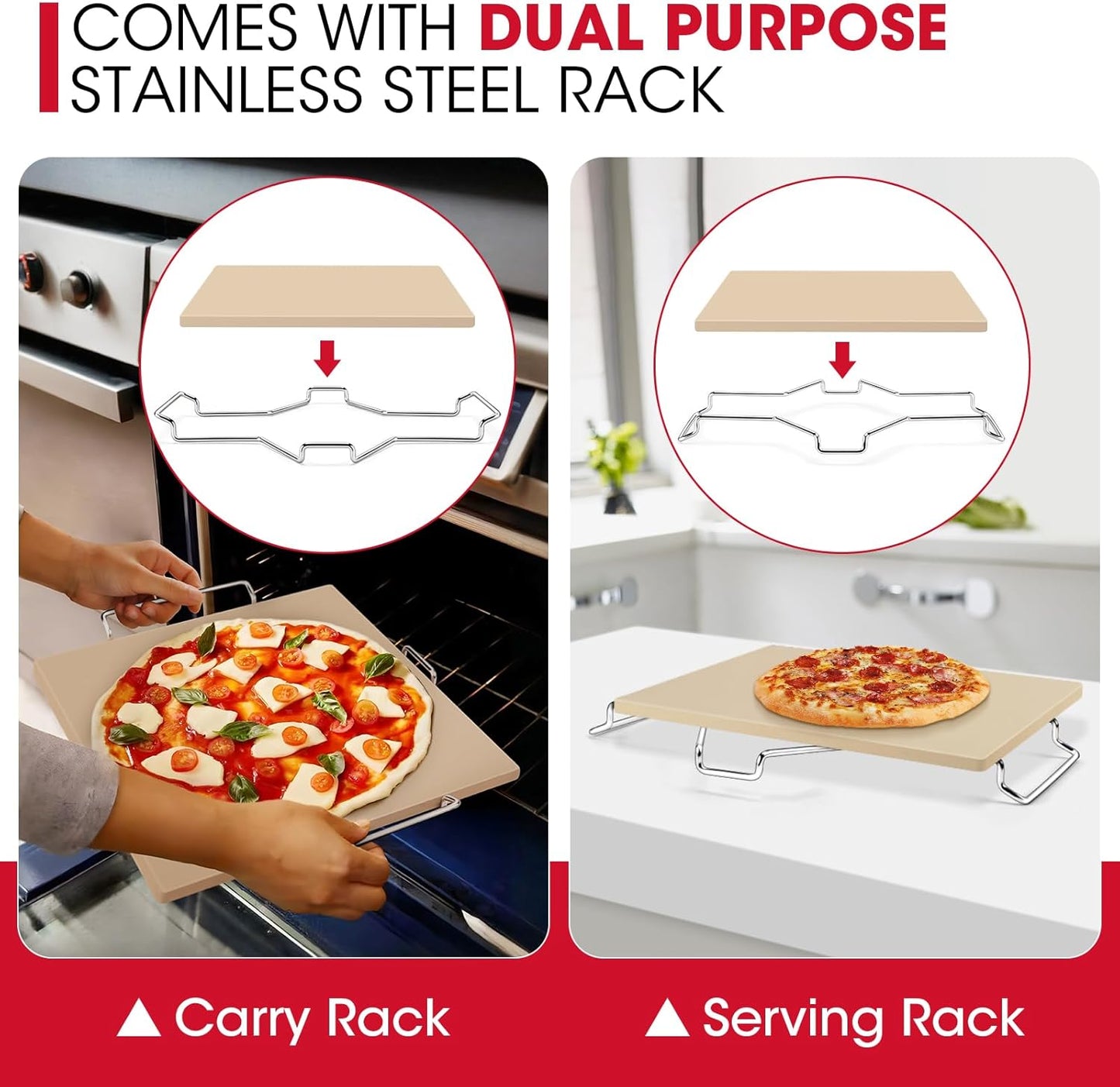 Unicook 12 Inch Square Pizza Stone for Oven and Grill, Oven Baking Stone for Bread, Cordierite Pizza Pan for Baking Crispy Bread, Pie and Cookies, Includes Carry Rack and Dough Scraper