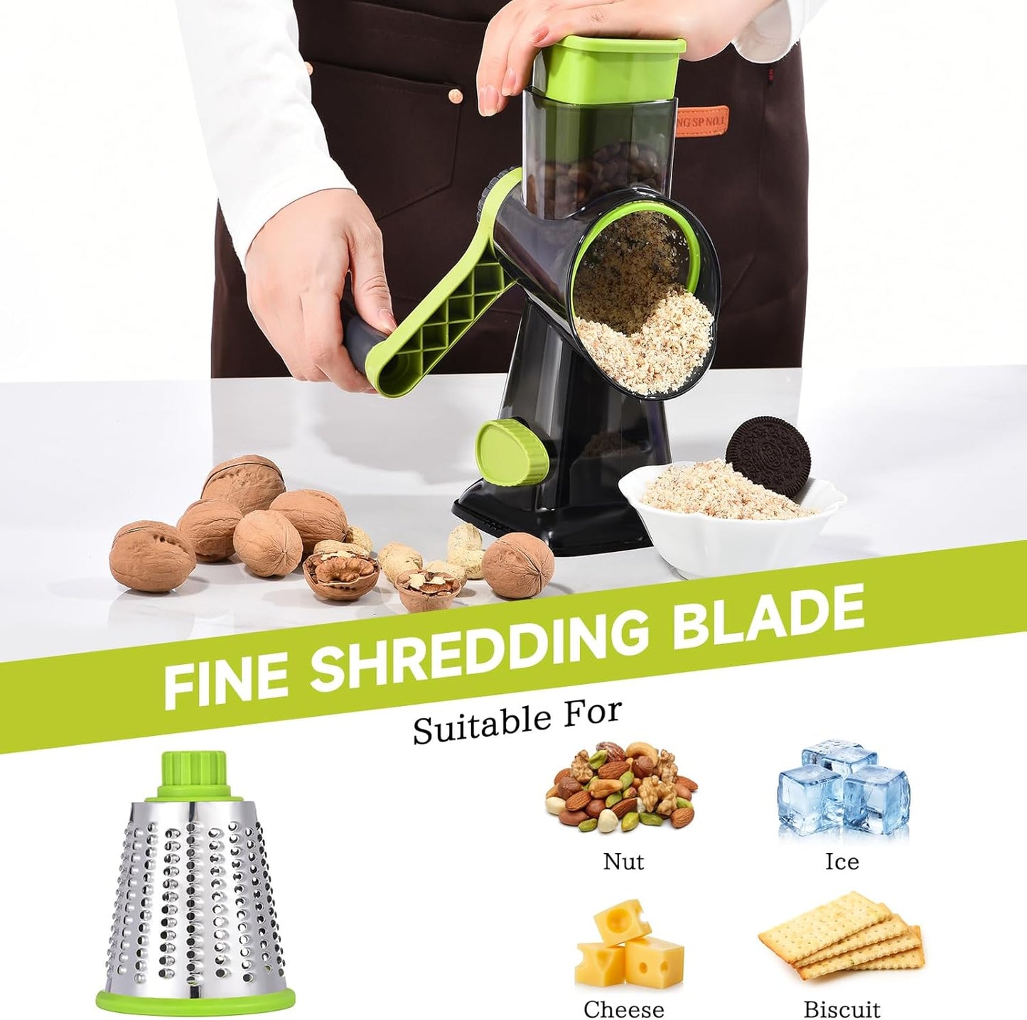 Rotary Cheese Grater Hand Crank Cheese Shredder Vegetable Mandoline Slicer for Kitchen 3 in 1 Changeable Blades for Cheese Potato Nuts Chocolate Ice (Green TSP)