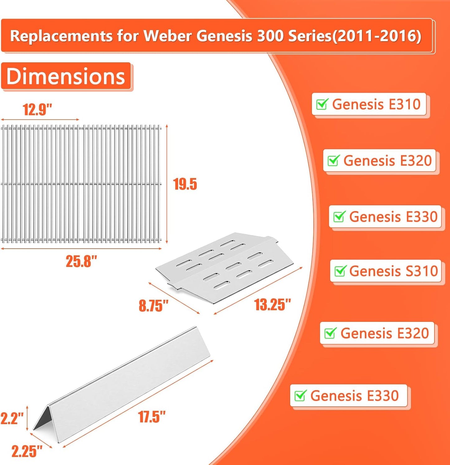 Grill Parts for Weber Genesis 300 Series, 19.5”Grill Grates & Flavorizer Bars, Heat Deflector for Weber E/S310, 320, 330 with Front Control Knobs, Replacement for Weber 7528, 7524, 7620, 7622, 65505