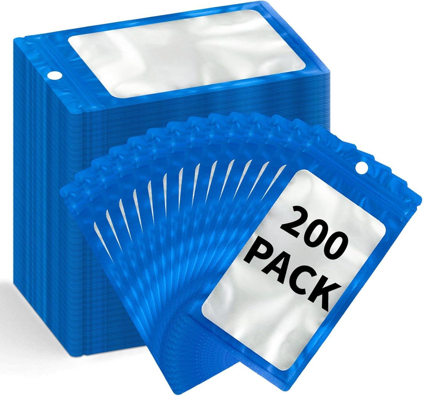 200 Pack Resealable Mylar Holographic Bags Food Storage Smell Proof Bags with Front Window Foil Packaging Pouch for Candy Sample Jewelry Small Business 3.15×5.51 Inch, Blue