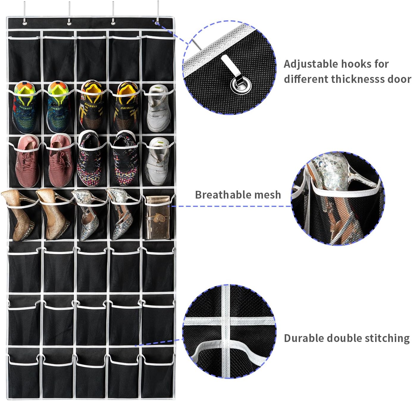 35 Pockets Over the Door Shoe Organizer, Hanging Shoe Organizer for Door with 35 Mesh Pockets Large Capacity Shoe Hanging Storage Bag with 4 Metal Hooks (Black-1Pack)
