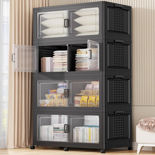 69.3"H 200Gal Plastic Storage Bins with Lid & Wheels,4Pack Extra Large Stackable Storage Bins with Dividers,Closet Organizers and Storage Cabinet Shelves Collapsible Box for Home Kitchen,Black