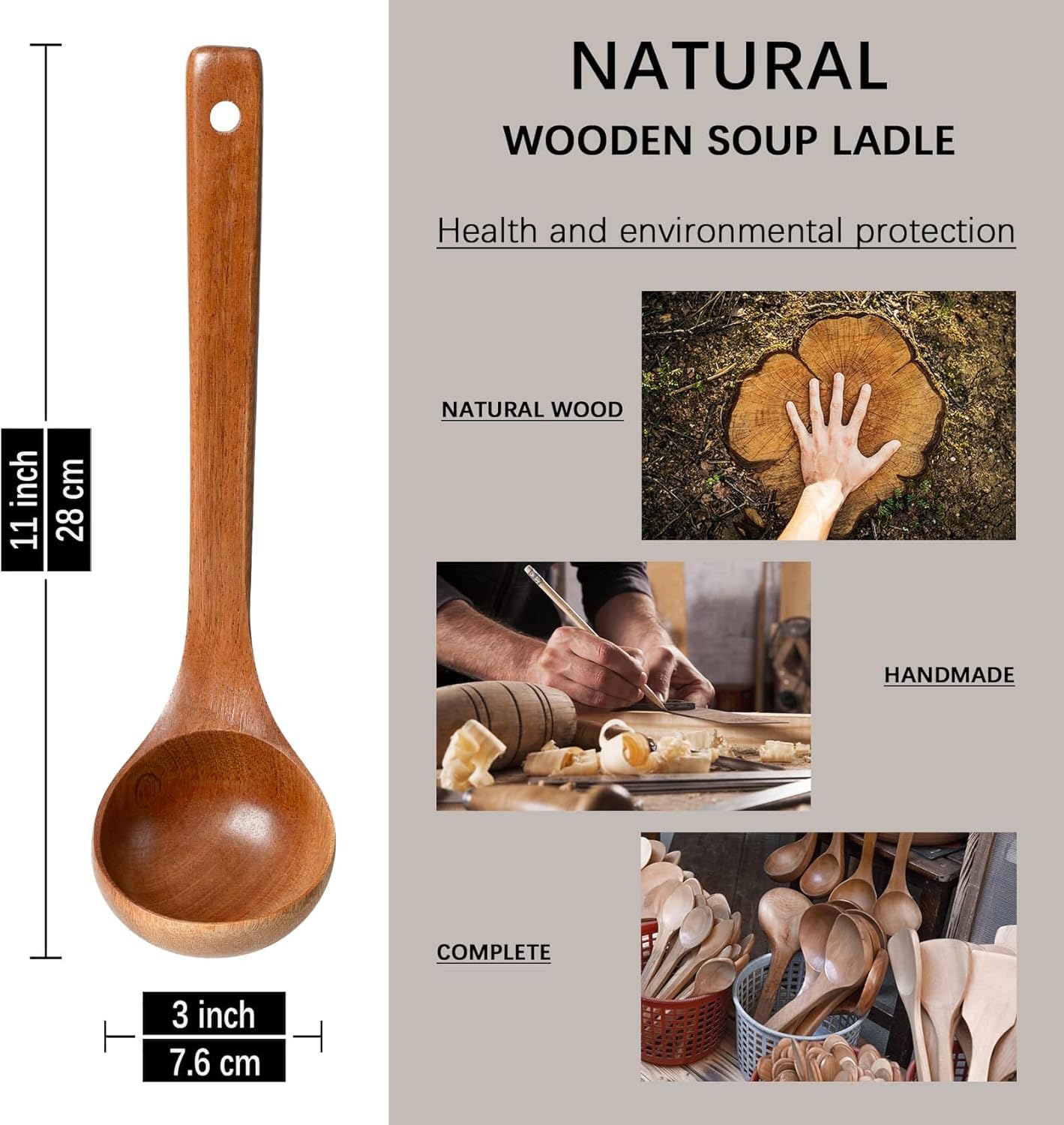 Wooden Soup Ladle, 11" Handle, 2.5 fl oz Medium Scoop Utensil for Serving & Cooking, Sapele Wooden Ladle – Wood Spoon for Soup Natural and Sustainable