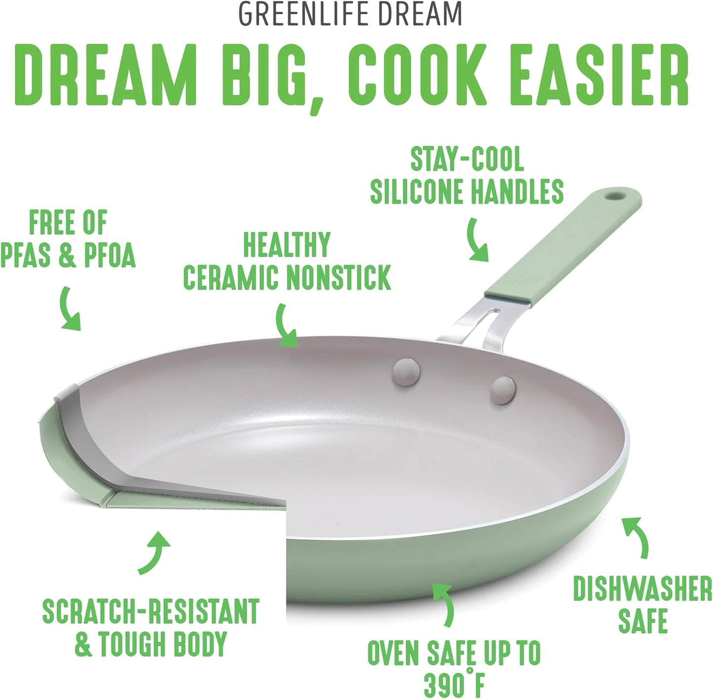 GreenLife 8” & 10” 2 Piece Nonstick Ceramic Frying Pan Set, Lightweight Healthy PFAS-Free Skillets, Dishwasher & Oven Safe, Durable Body, Silicone Stay-Cool Handles, Easy Release, Sage Green