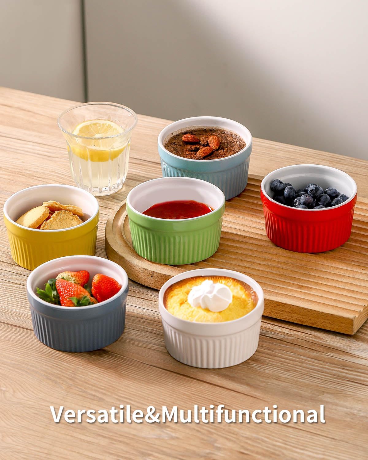 Hasense Ramekins Oven Safe, 8 oz Ramekins for Baking Souffle Set of 6, Ceramic Dipping Sauce Cups for Pudding, Ice Cream, Custard, Dessert Bowls Porcelain, Dishwasher Safe, Multi color