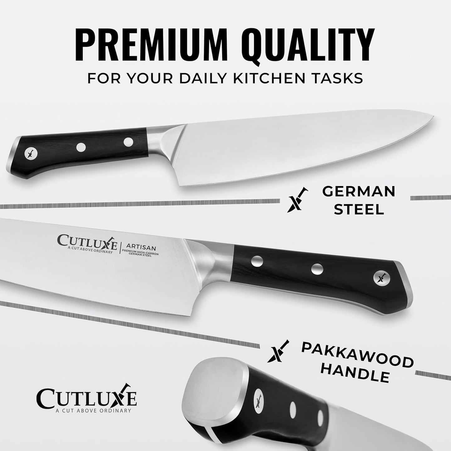 Cutluxe 15-Piece Knife Set – Premium Acacia Wood Block – Knife Set for Kitchen, Ultra Sharp High Carbon German Stainless Steel, Full Tang – Artisan Series