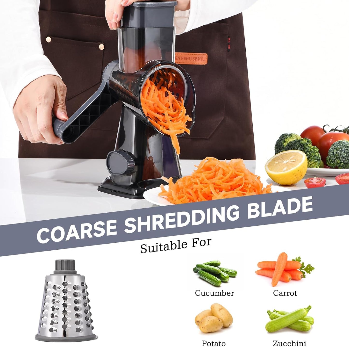 Rotary Cheese Grater Hand Crank Cheese Shredder Vegetable Mandoline Slicer for Kitchen 3 in 1 Changeable Blades for Cheese Potato Nuts Chocolate Ice （Grey TSP)
