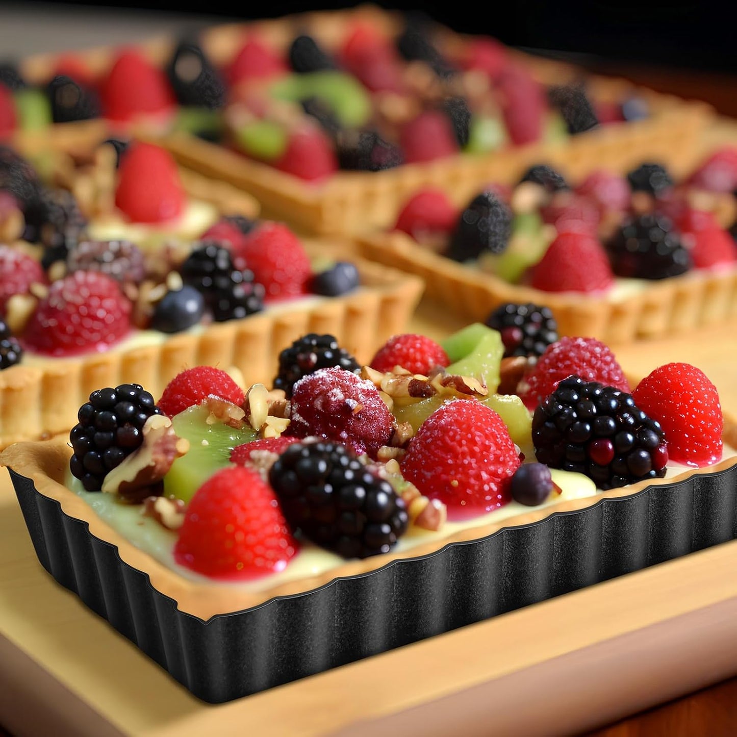 Tessco 16 Pieces Mini Tart Pans with Removable Bottom Nonstick Quiche Mini Pie Tart Pans Bakeware Mold Fluted Side for Pies(Black Rectangle,4.33 x 2.36 x 0.79 Inch)