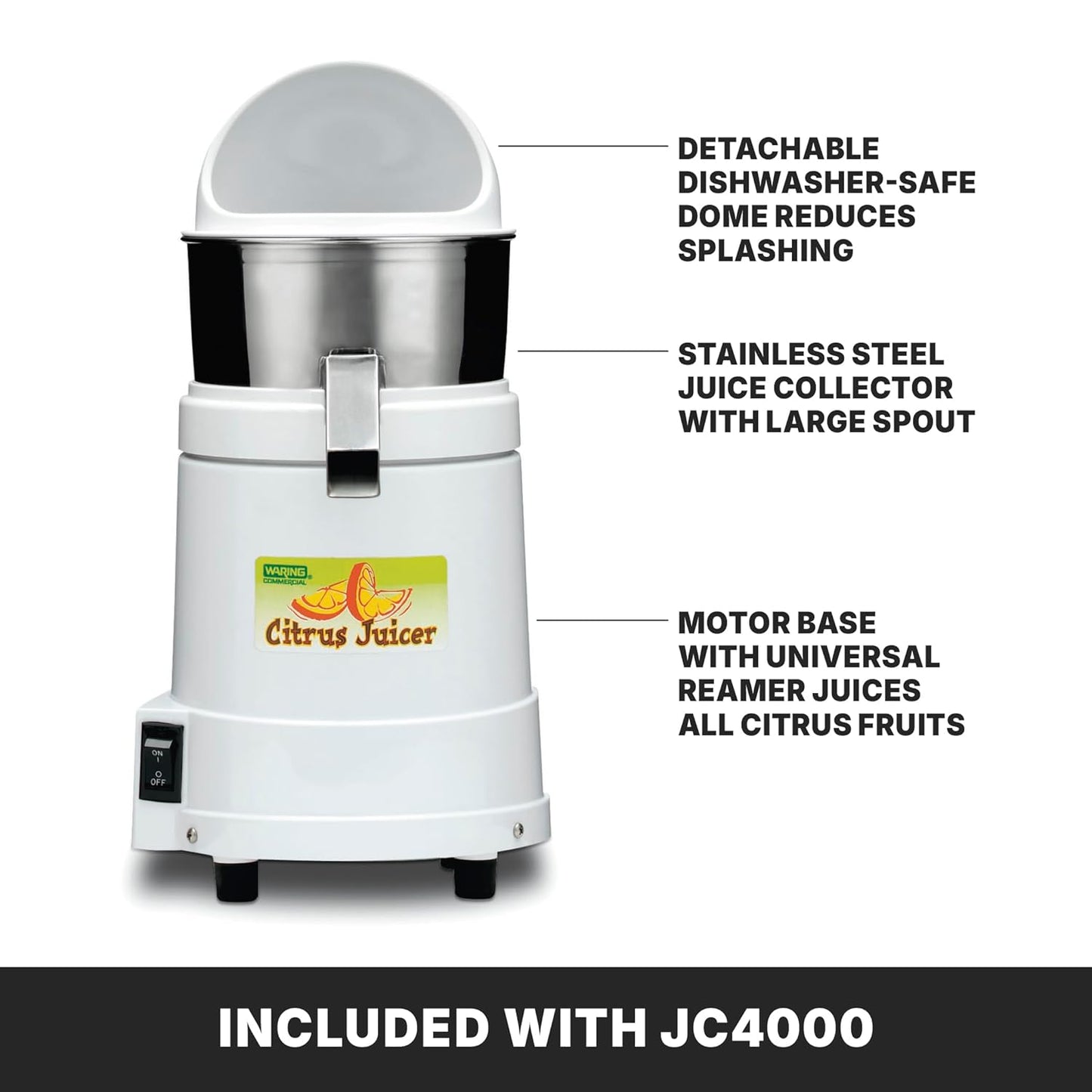Waring Commercial JC4000 Heavy Duty Citrus Juicer with Dome, 120V, 5-15 Phase Plug, 10 x 10 x 19.5 inches, White
