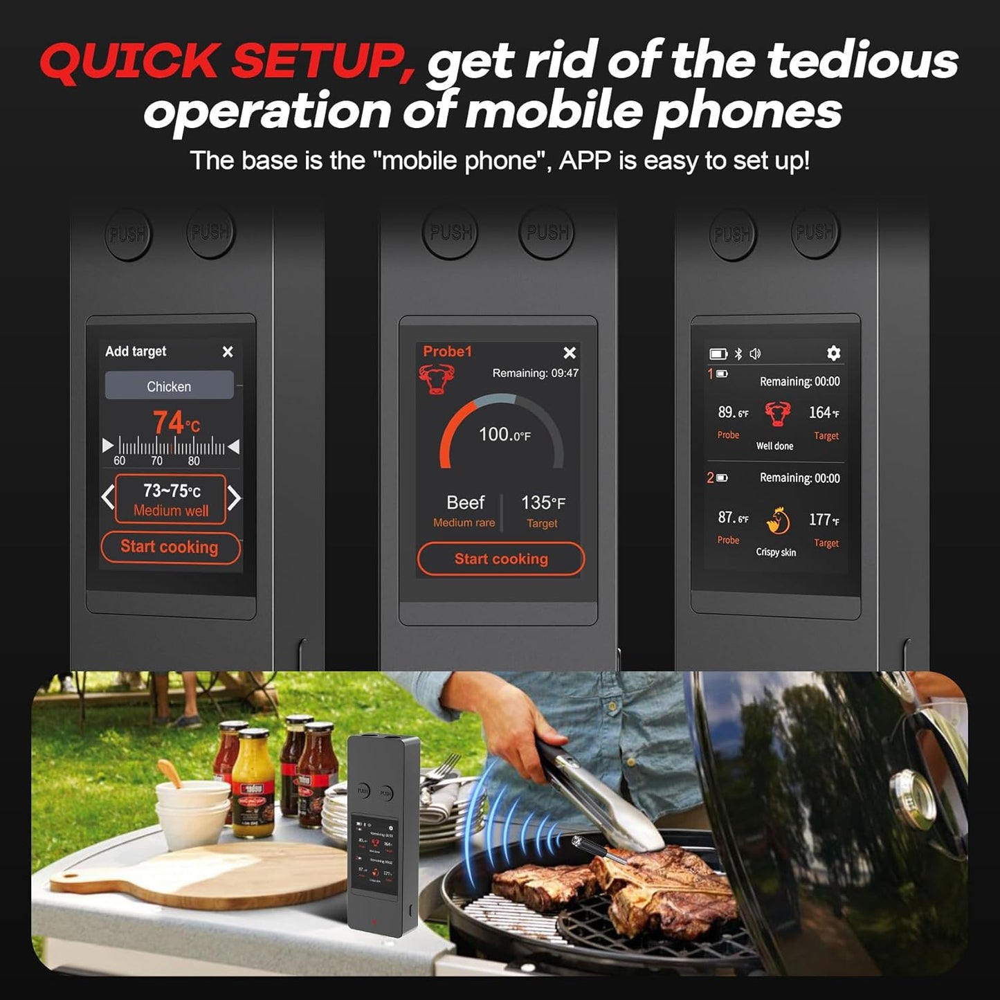 800FT Wireless Meat Thermometer Digital with 2 Upgraded Ultra-Thin Probe, Large Touchscreen, Kitchen Food Thermometer for Cooking Oven, Smoker, Rotisserie, BBQ(No App to Download)