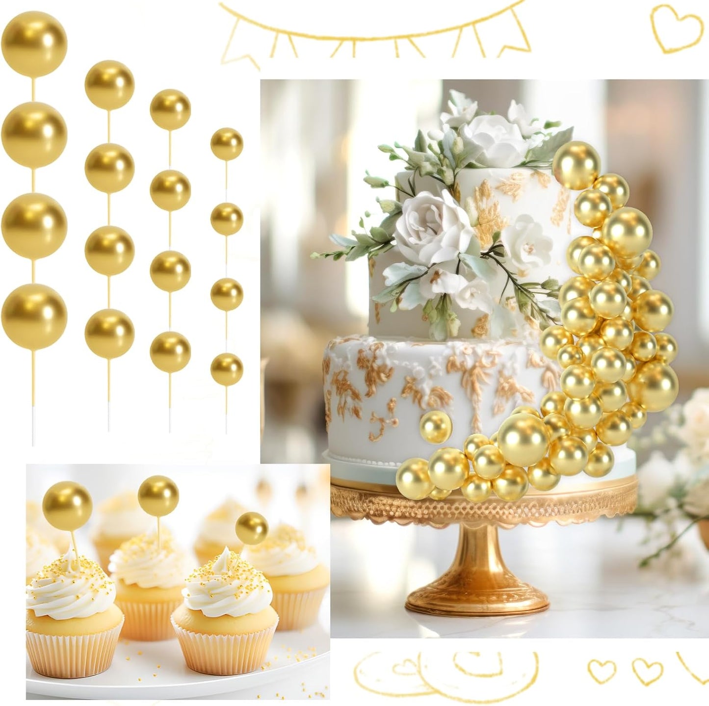 48 Pcs Gold Balls Cake Topper Decorations Balloon Cupcake Toppers Foam Cake Topper Balls Cake Balls Decorations for Birthday Party Wedding Anniversary Cake Decorating