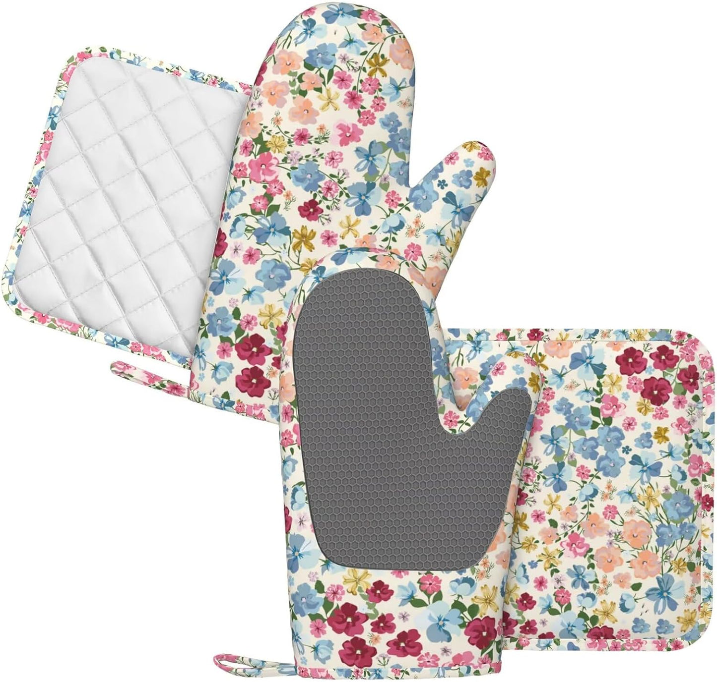 Wild Flowers Floral Meadow Oven Mitts and Pot Holders Set of 4 Silicone Kitchen Mitten Gloves and Non-Slip Potholders Set Heat Resistant Oven Gloves Hot Holders for Kitchen