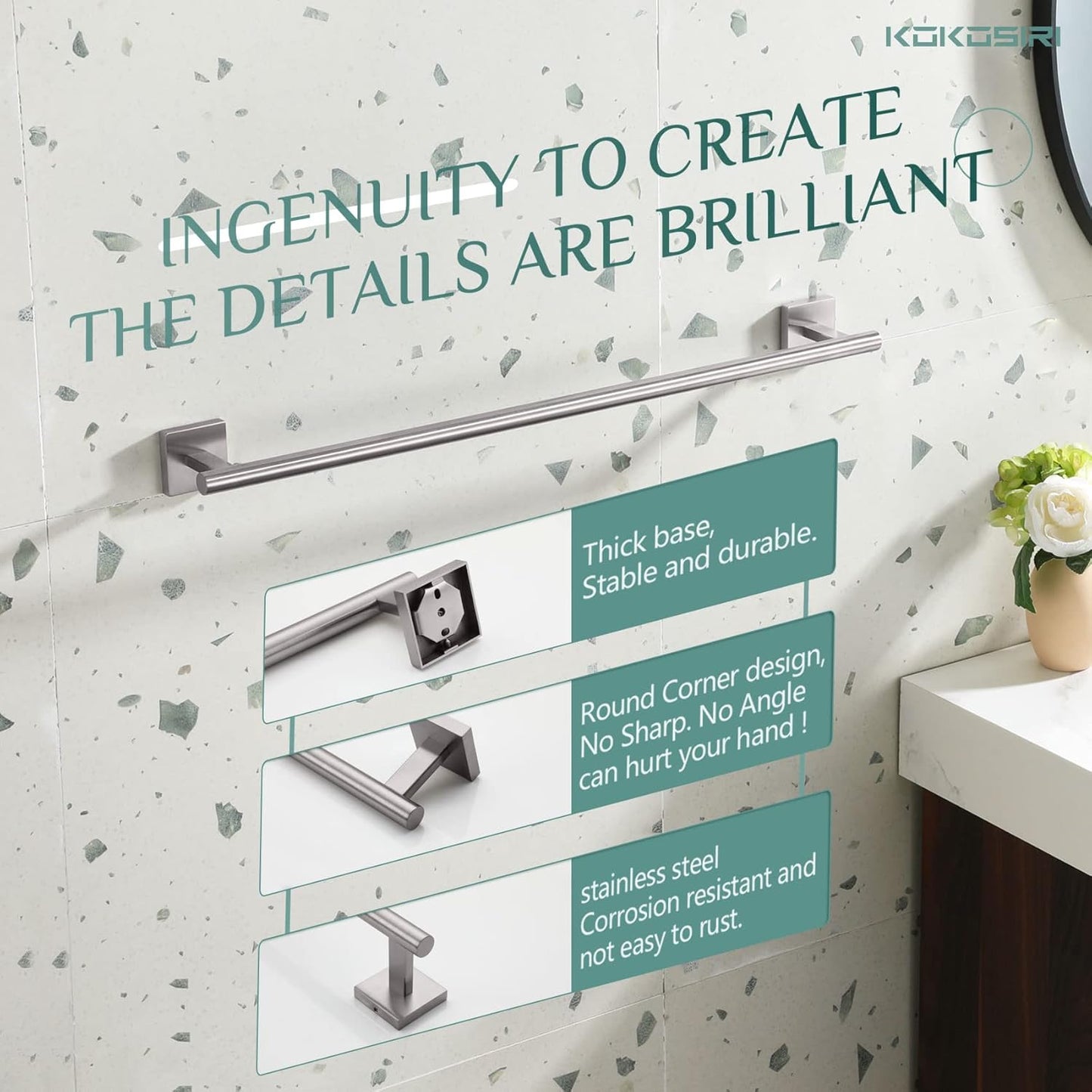 KOKOSIRI Towel Holder Bathroom Accessories Towel Bar for Bath Kitchen Necklace Holder 24 Inch, 2 Pack Brushed Nickel Stainless Steel B4005BR-L24-P2