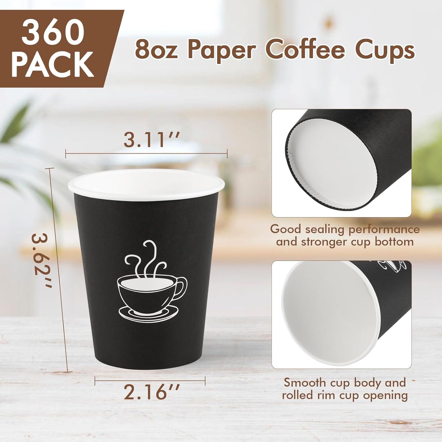 360 Pack 8 oz Paper Coffee Cups, Disposable Black Paper Cups for Hot Beverage, Drinking Water, Used for Cafes, Offices and Events
