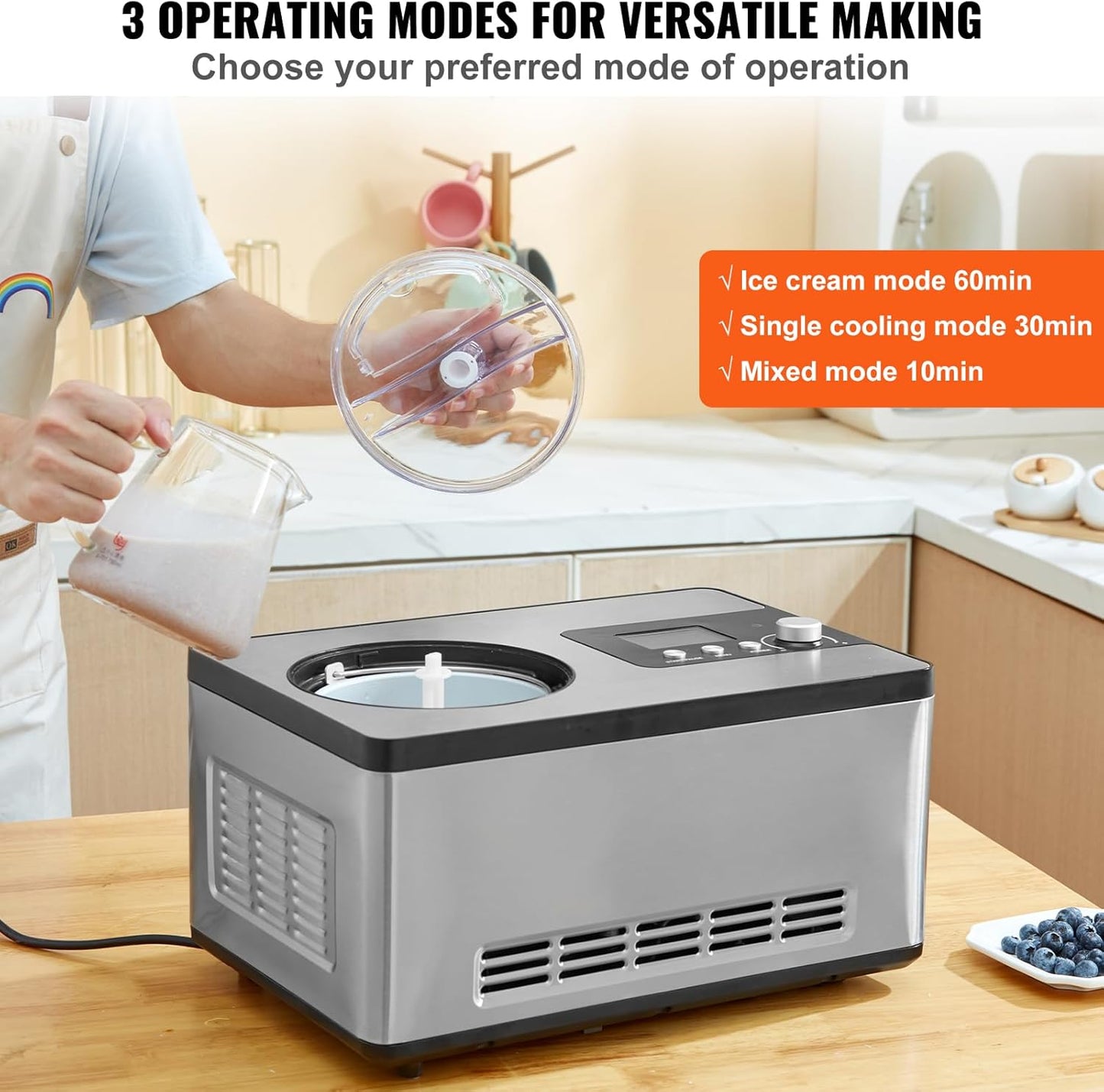 VEVOR Automatic Ice Cream Maker with Built-in Compressor, 2 Quart No Pre-freezing Fruit Yogurt Machine, Stainless Steel Electric Sorbet Maker, 3 Modes Gelato Maker with LCD Display & Timer, Silver