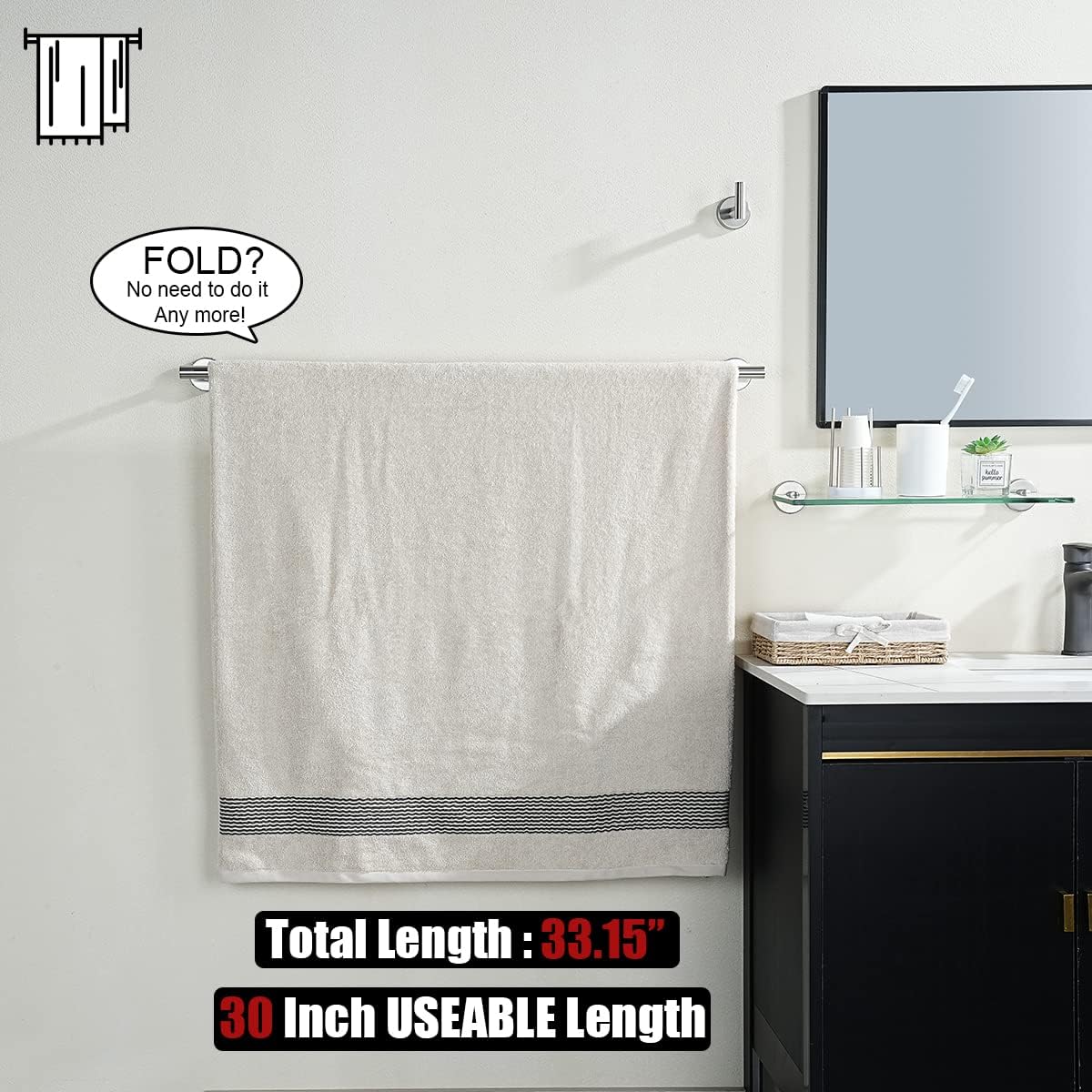 JQK Bath Towel Bar, 33 Inch 304 Stainless Steel Thicken 0.8mm Single Towel Rack for Bathroom, Towel Holder Brushed Steel Wall Mount, Useable Length 30 Inch 2 Pack, TB110L30-BN-P2