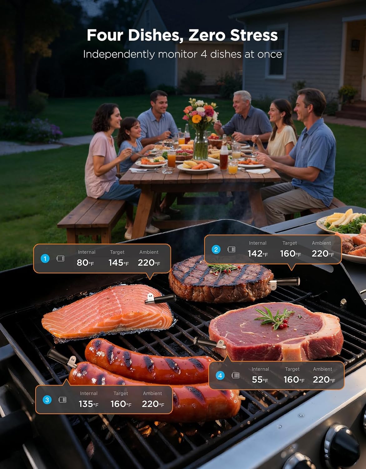GoveeLife Digital Meat Thermometer Wireless with 4 Probes, WiFi Bluetooth Food Thermometer for Cooking, Long Range Probe Monitoring, Rechargeable Base, APP Alerts Recipes for BBQ, Oven, Grill, Smoker