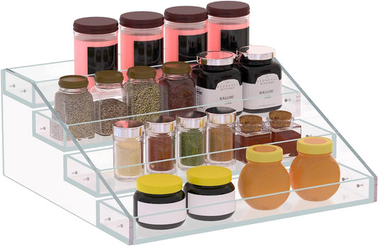 PMMASTO Widen Tiered Spice Rack, Seasoning Organizer, Clear Acrylic Vertical Shelves Can Organizer for Countertop, Cabinet, Pantry, Kitchen Organization and Storage - 4 Tier