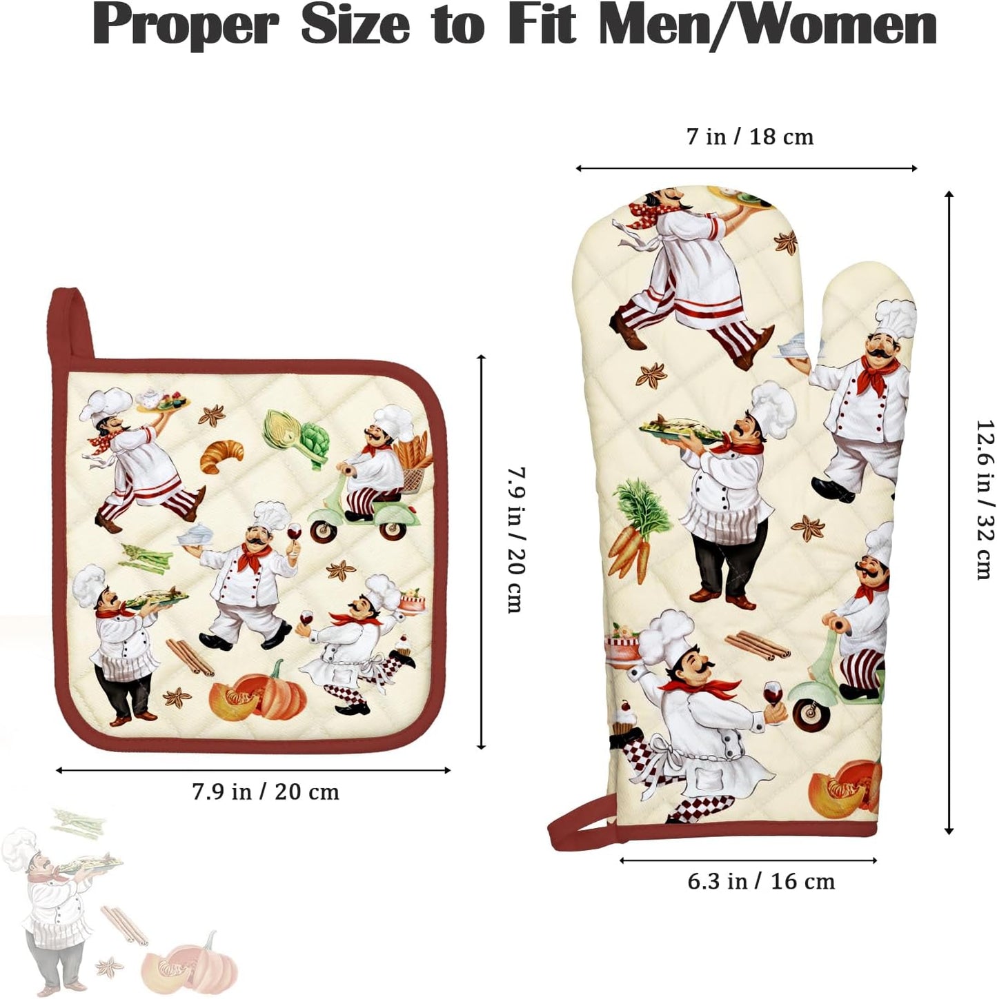 Chef Oven Mitts and Pot Holders Sets 4Pcs, 100% Cotton Heat Resistant, Extra Long Oven Gloves Potholder for Kitchen Cooking Baking Decoration