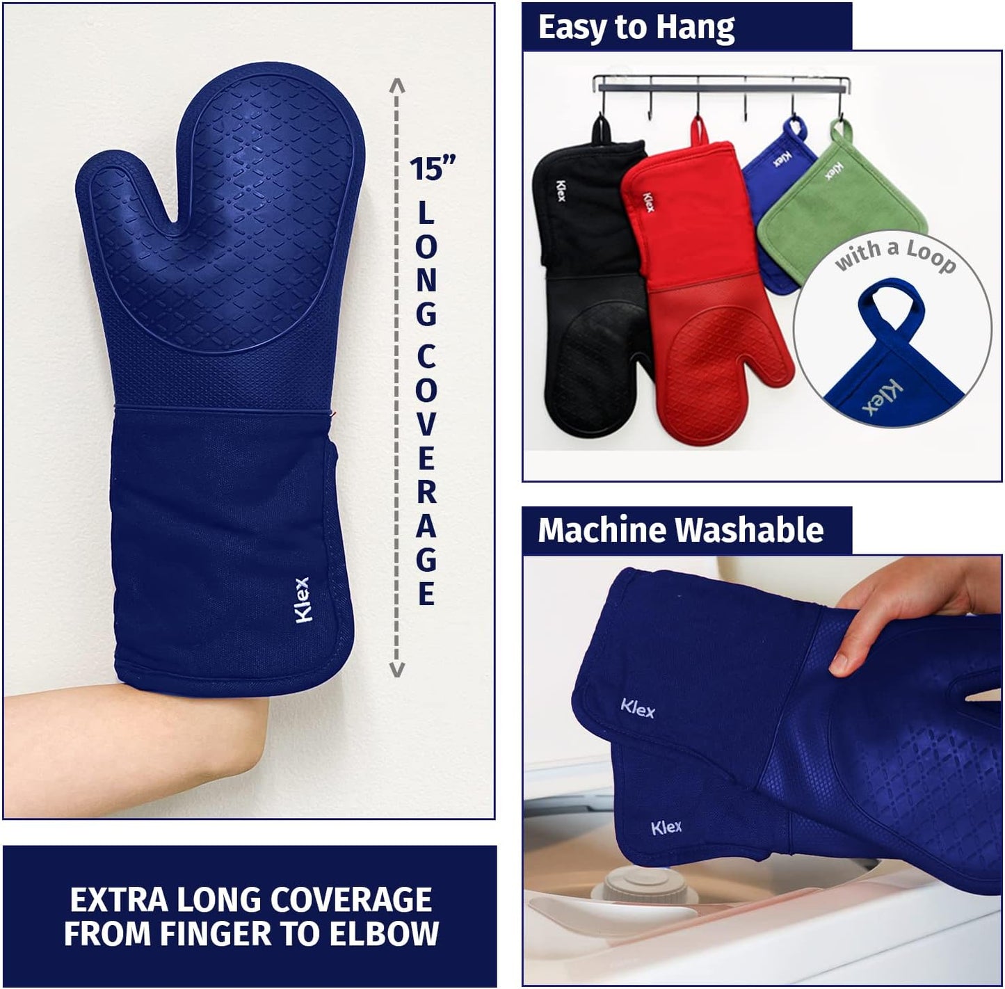 Klex Extra Long Silicone Oven Mitts and Pot Holders, 932°F Degrees Heat Resistance with Quilted Liner Oven Gloves and Hot Pads, 4 Piece Set, 15 inch, Blue