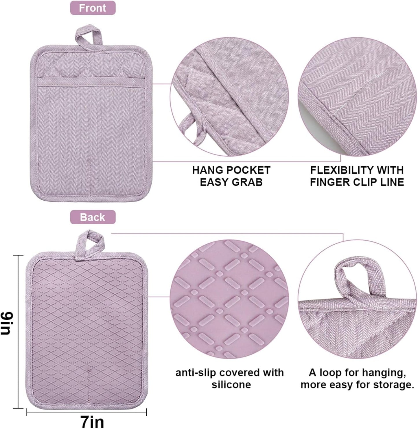 Pot Holders Yarn-Dyed Set of 3 Non Slip Silicone Kitchen Lines Heat Resistant 500℉ Kitchen Gloves BBQ Cooking Baking Cooking Barbecue Microwave Machine Washable (Purple Pot Holders)