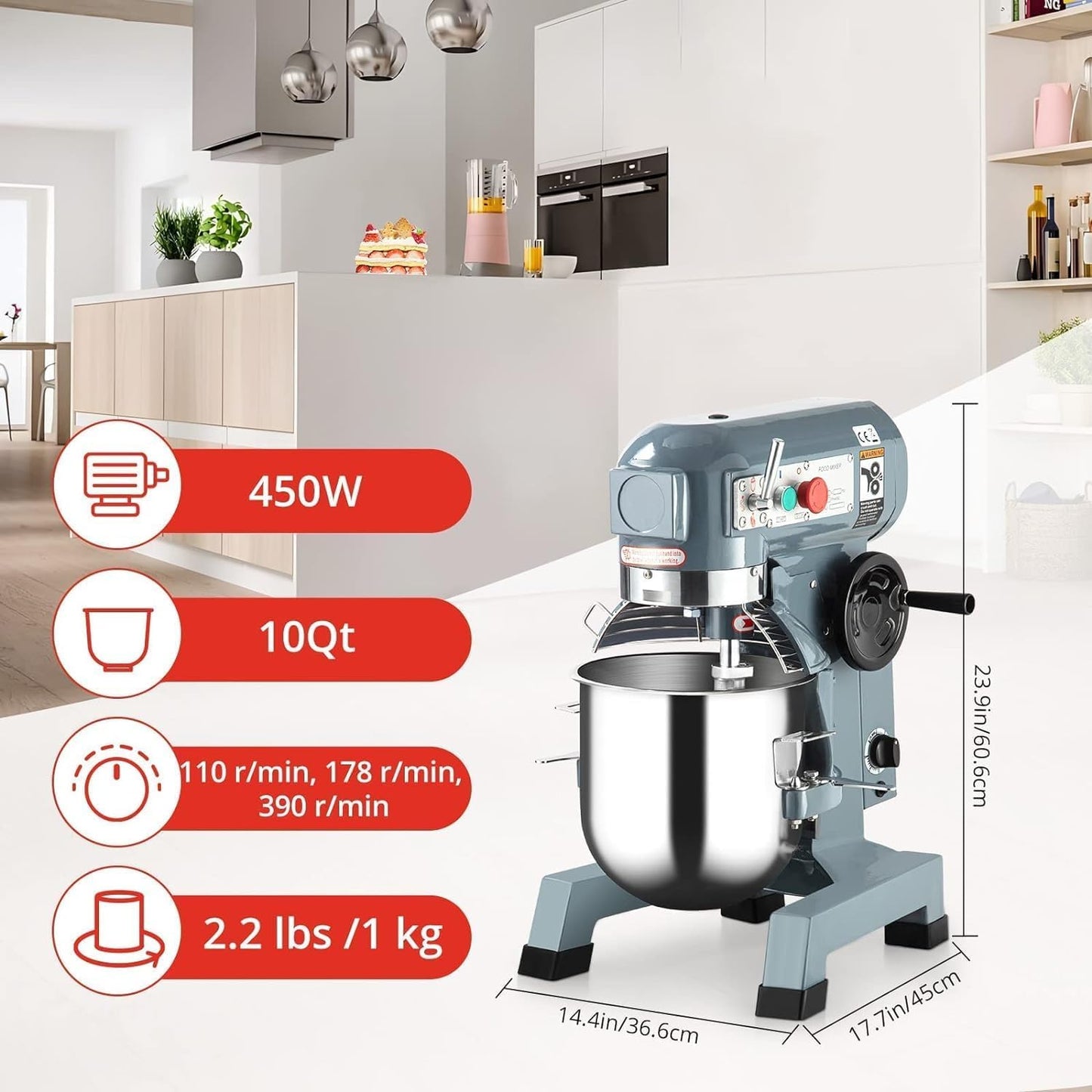 Garvee Commercial Food Mixer 10Qt, 450W Electric Food Mixer 3 Speeds Adjustable, Stainless Steel Bowl Heavy Duty Mixer with Safety Guard, Dough Hook Whisk Beater Included, Perfect for Bakery Pizzeria