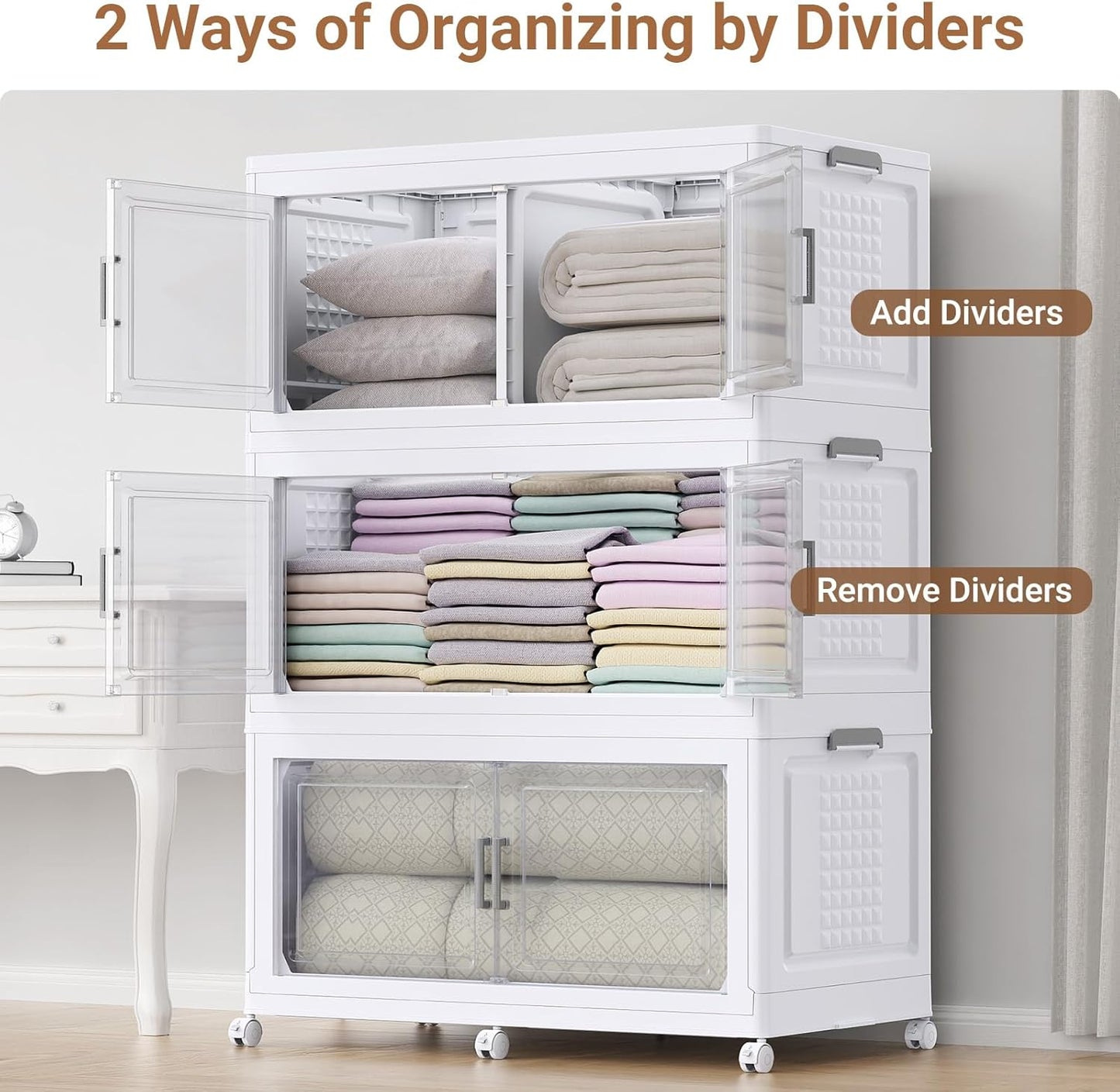 52.7"H 150Gal Plastic Storage Bins with Lid & Wheels,3Pack Extra Large Stackable Storage Bins with Dividers,Closet Organizers and Storage Cabinet Shelves Collapsible Box for Home Kitchen,White