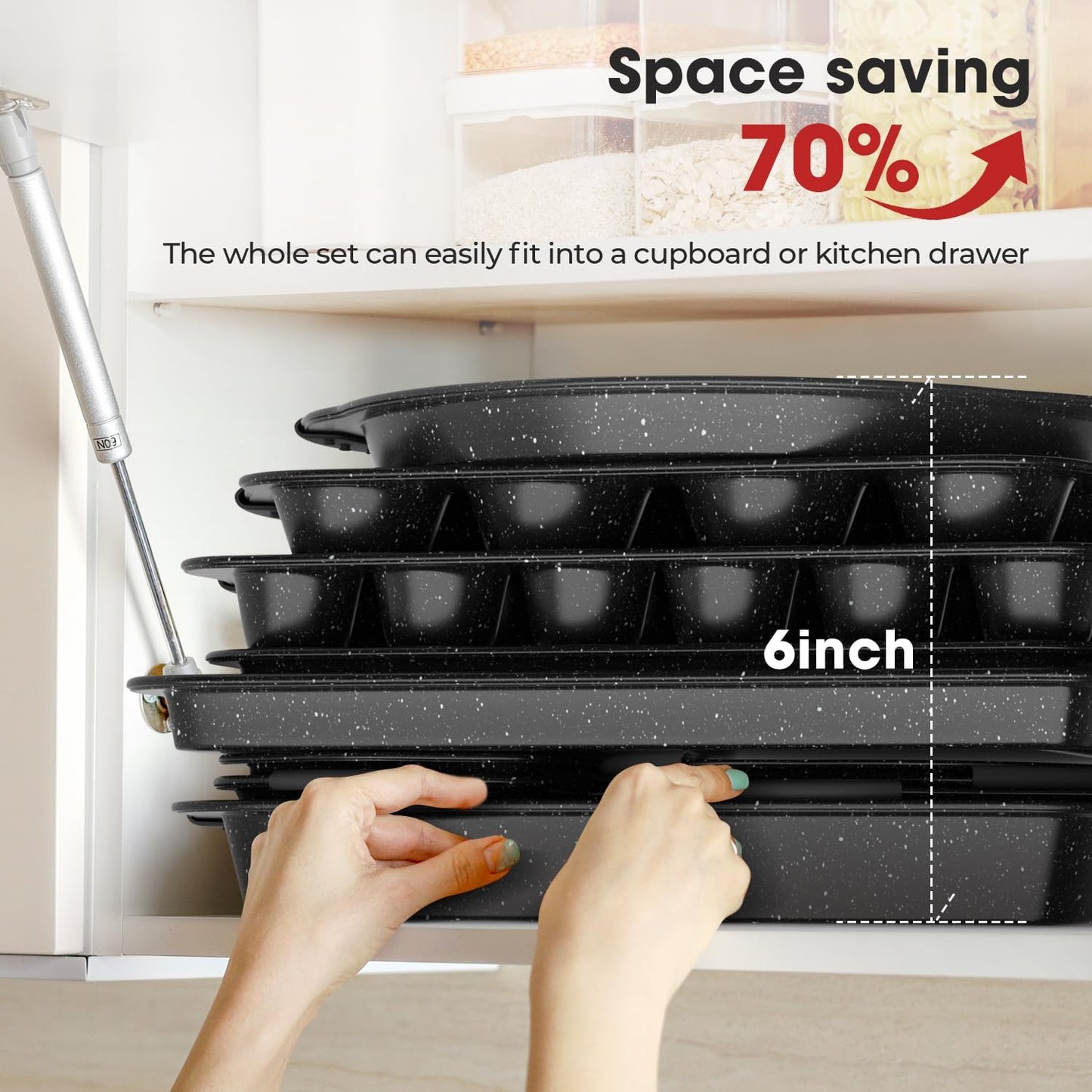 11-Piece Nonstick Baking Pan Set, Stackable Bakeware Sets, Oven Pans for Baking with Silicone Handles, Includes Cookie Sheet, Cake Pans, Loaf Pan, Pizza Pan, Muffin Pan, Black