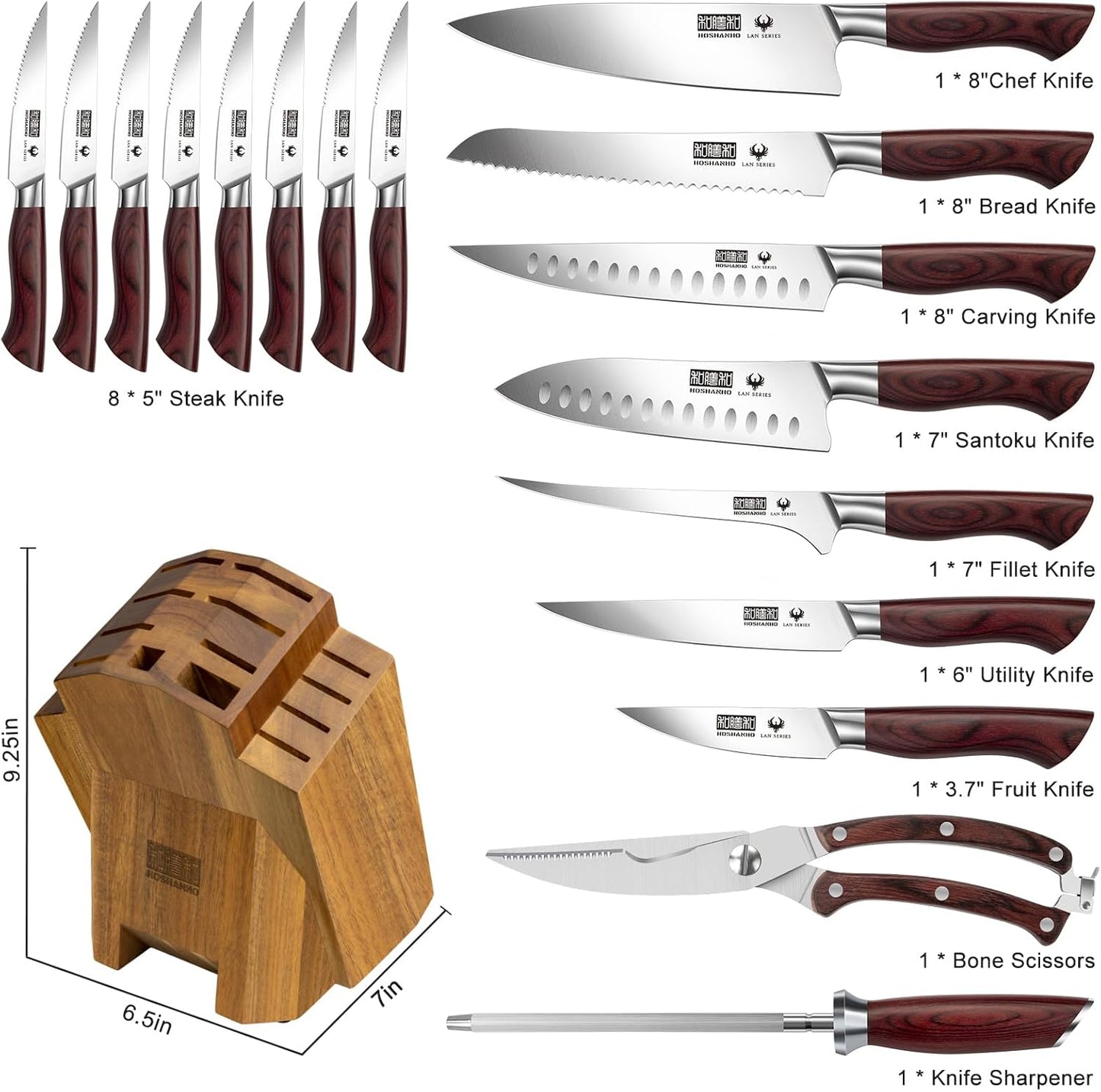Kitchen Knife Set with Block 18-Piece, Super Sharp High Carbon Stainless Steel Chef Knife Set, Professional Cutlery Knife Set with Sharpener