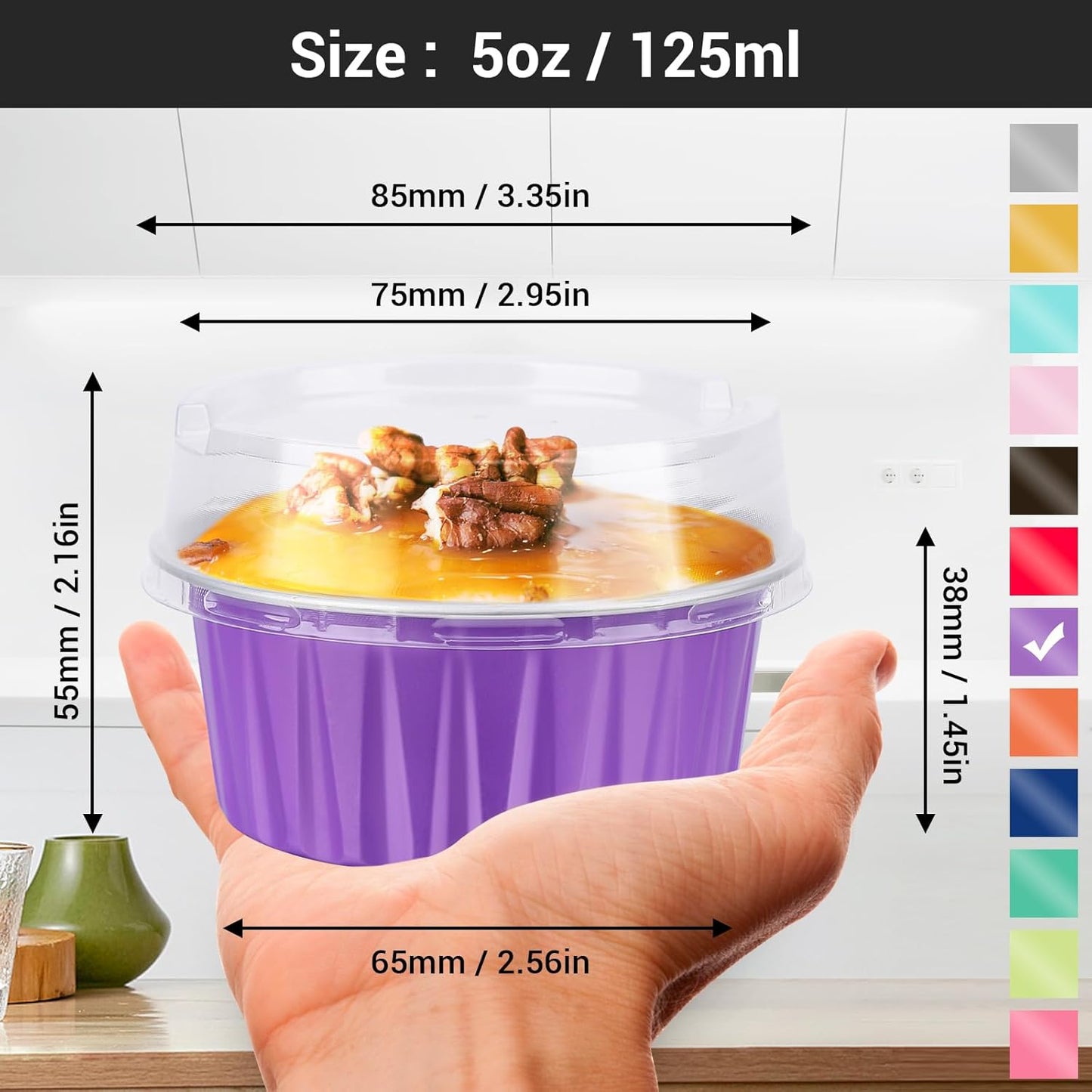EUSOAR Mini Cake Pan, 30pcs 5oz Disposable Aluminum Foil Cupcake Liners Ramekins Baking Cups, Dessert Cups with Lids Mini Aluminum Cheesecake Pan Creme Brulee Ramekins-Lavender