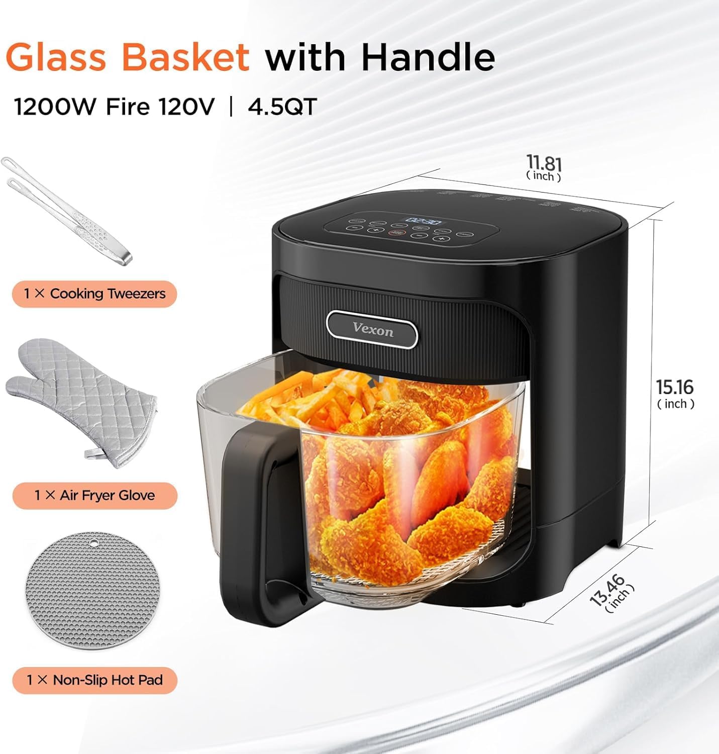4.5QT Large Air Fryer – See-Through Glass, 360° Hot Air and Auto Shut-Off for Golden, Crispy Food