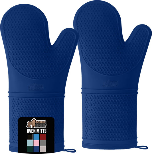GORILLA GRIP BPA-Free Soft Silicone Oven Mitts, 14.5x8.3, Heat Resistant and Waterproof Cooking Gloves, Thick Cotton Lining, Flexible Gripping for Baking Grilling, Kitchen Potholders Set of 2, Blue