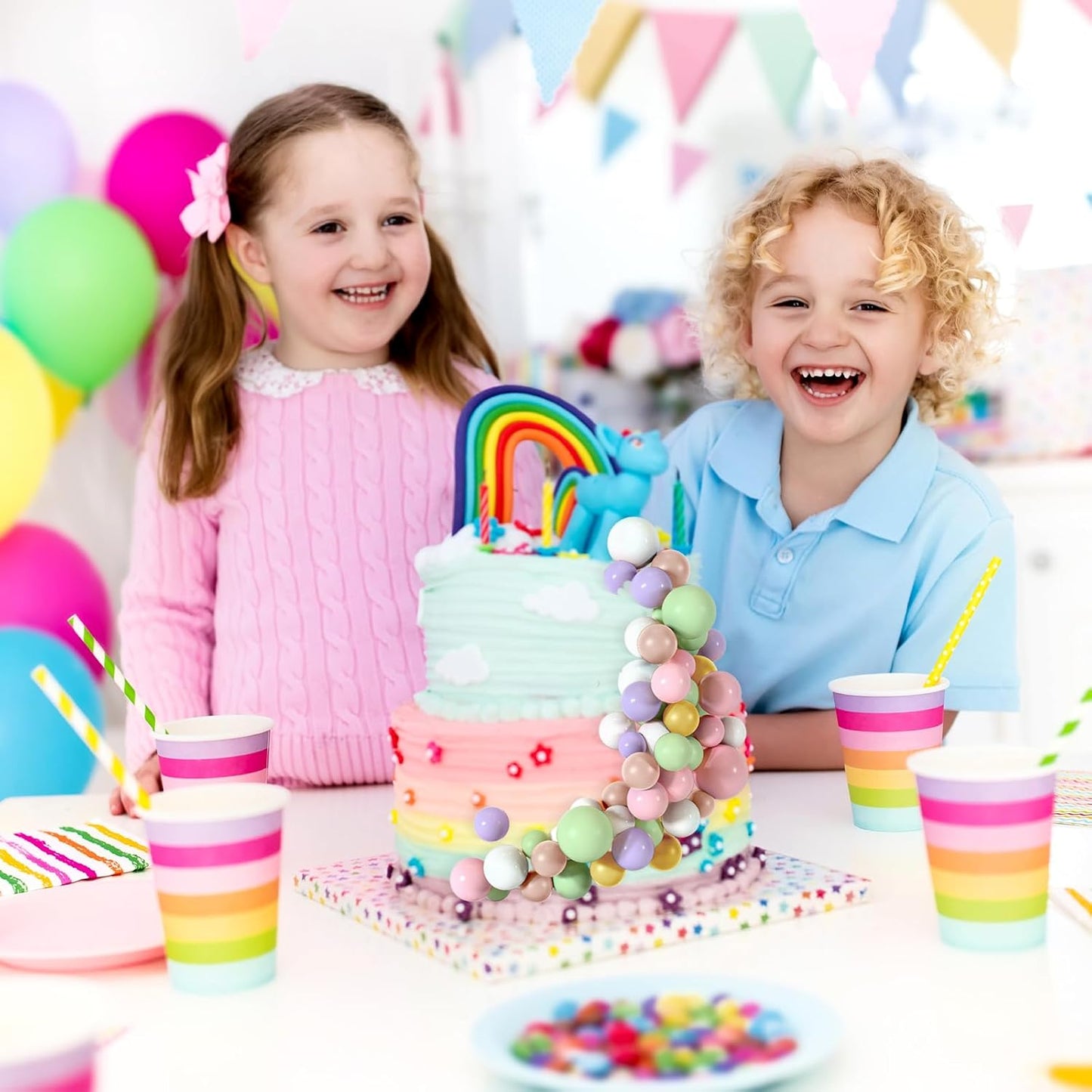 48 Pcs Balls Cake Topper Decorations Balloon Cupcake Toppers Foam Cake Topper Balls Cake Balls Decorations for Birthday Party Wedding Cake Decorating(Pink,Green,Yellow,Purple,Brown,White)