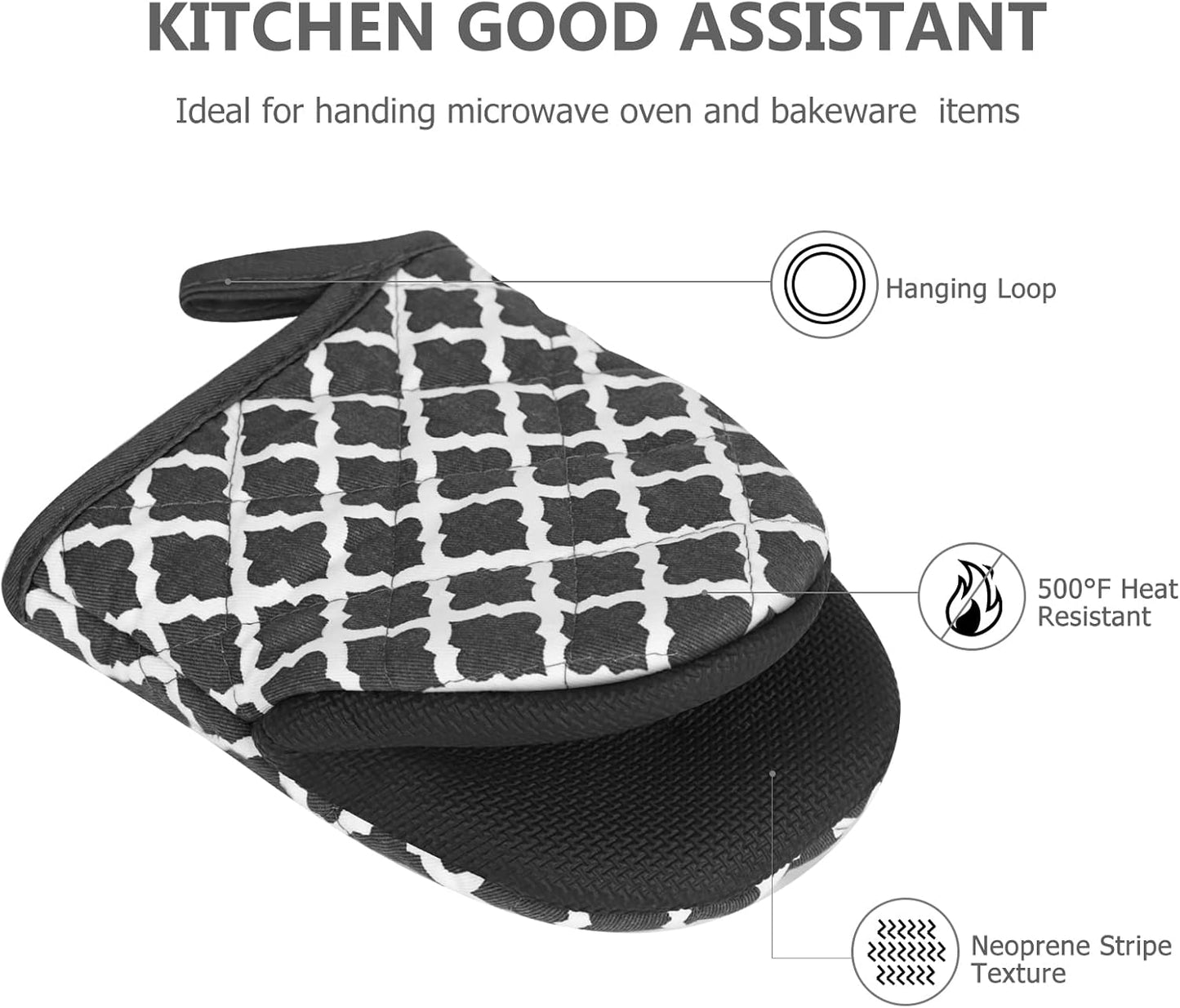 Qulable 1 Pair Short Oven Mitts - Silicone Kitchen Oven Gloves High Heat Resistant 500℉, Mini Oven Mits with Non-Slip Grip Surfaces and Hanging Loop for BBQ, Baking, Cooking and Grilling (Dark Gray)