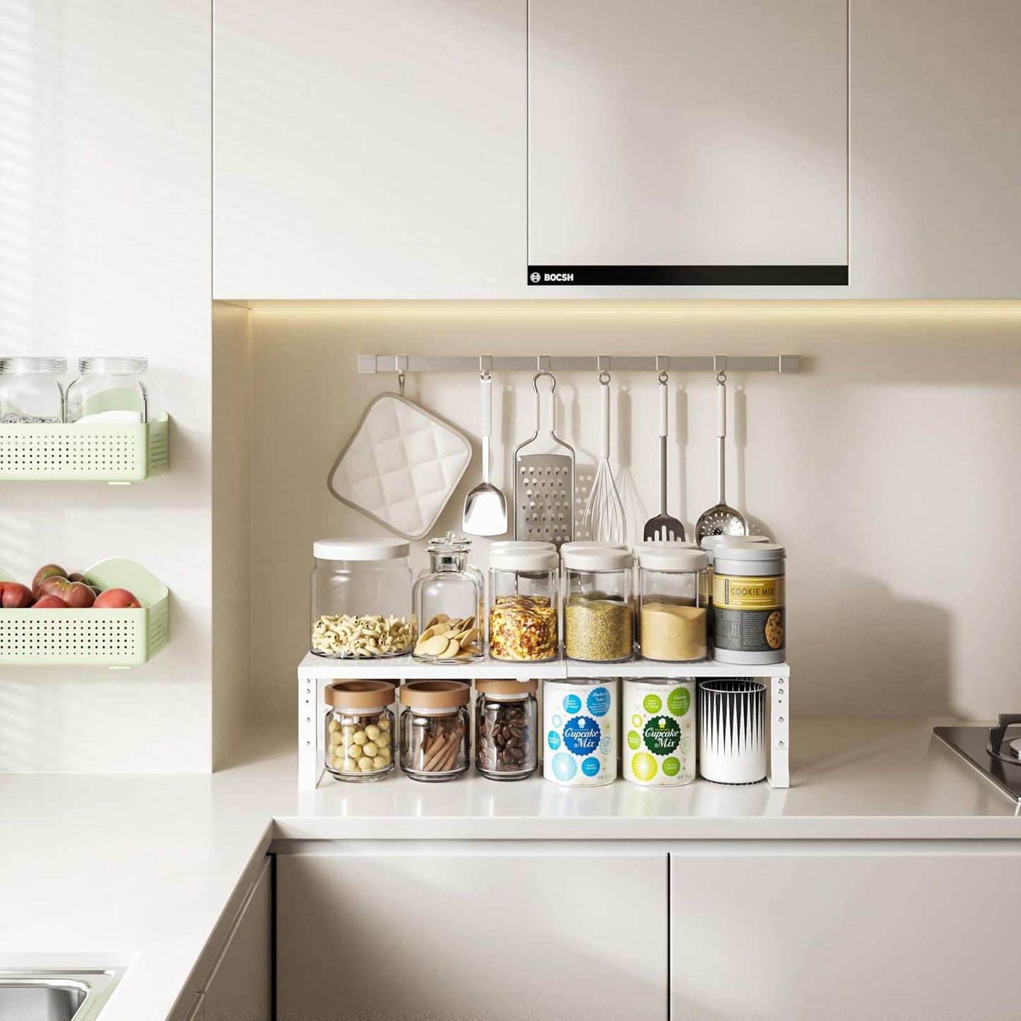 Expandable,Adjustable & Stackable Spice Rack, Cabinet Kitchen Countertop Shelf Organizer,Metal Pantry Storage Shelves - Space-Saving Storage Solution(1Pack/White/Large)