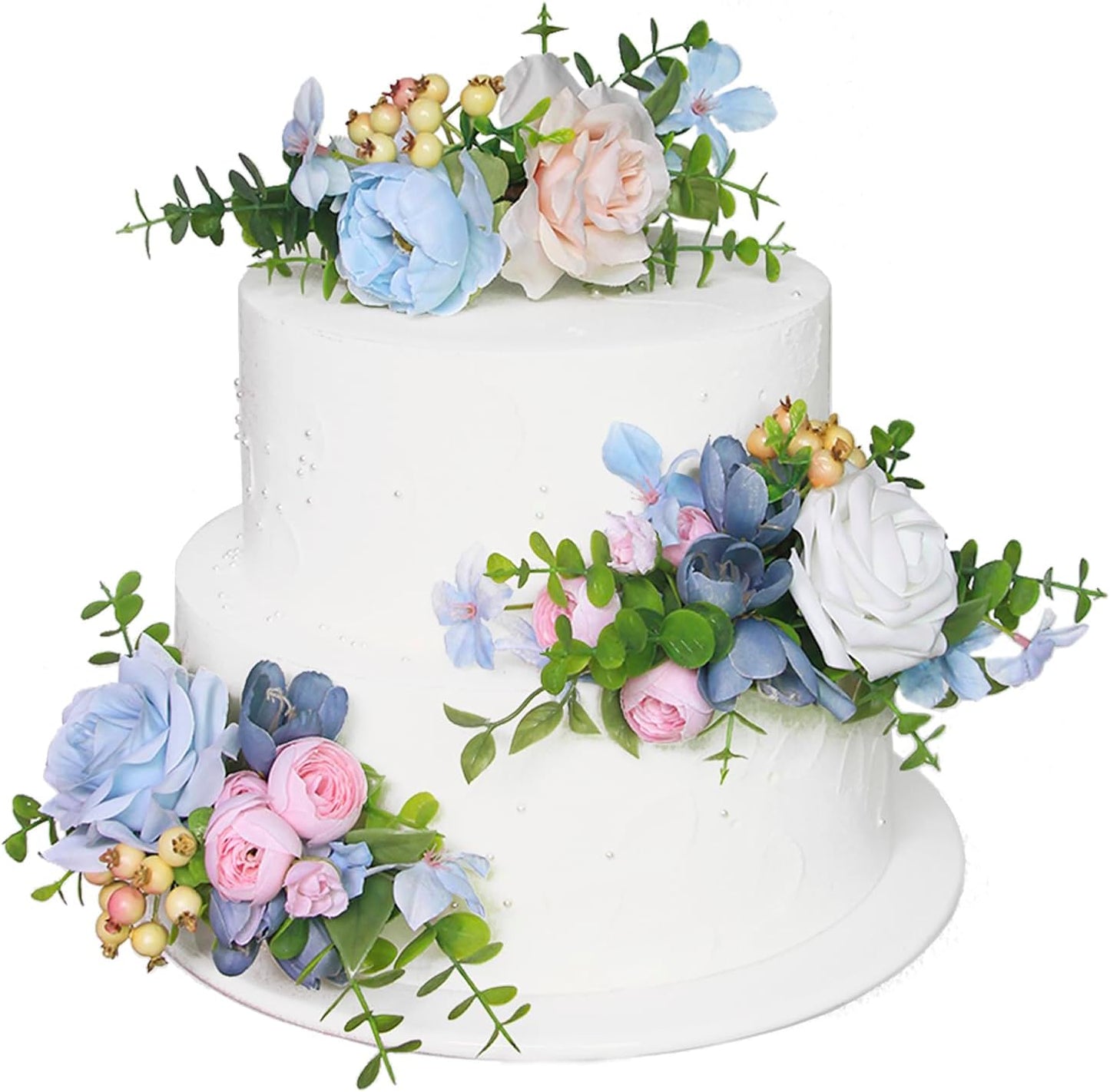 Rinlong 3Pcs Baby Blue Pink Cake Topper Pre-made Cake Decorations Pastel Blush Wedding Cake Decorating Flowers Cake Decor for Baptism Girl Women Birthday Party