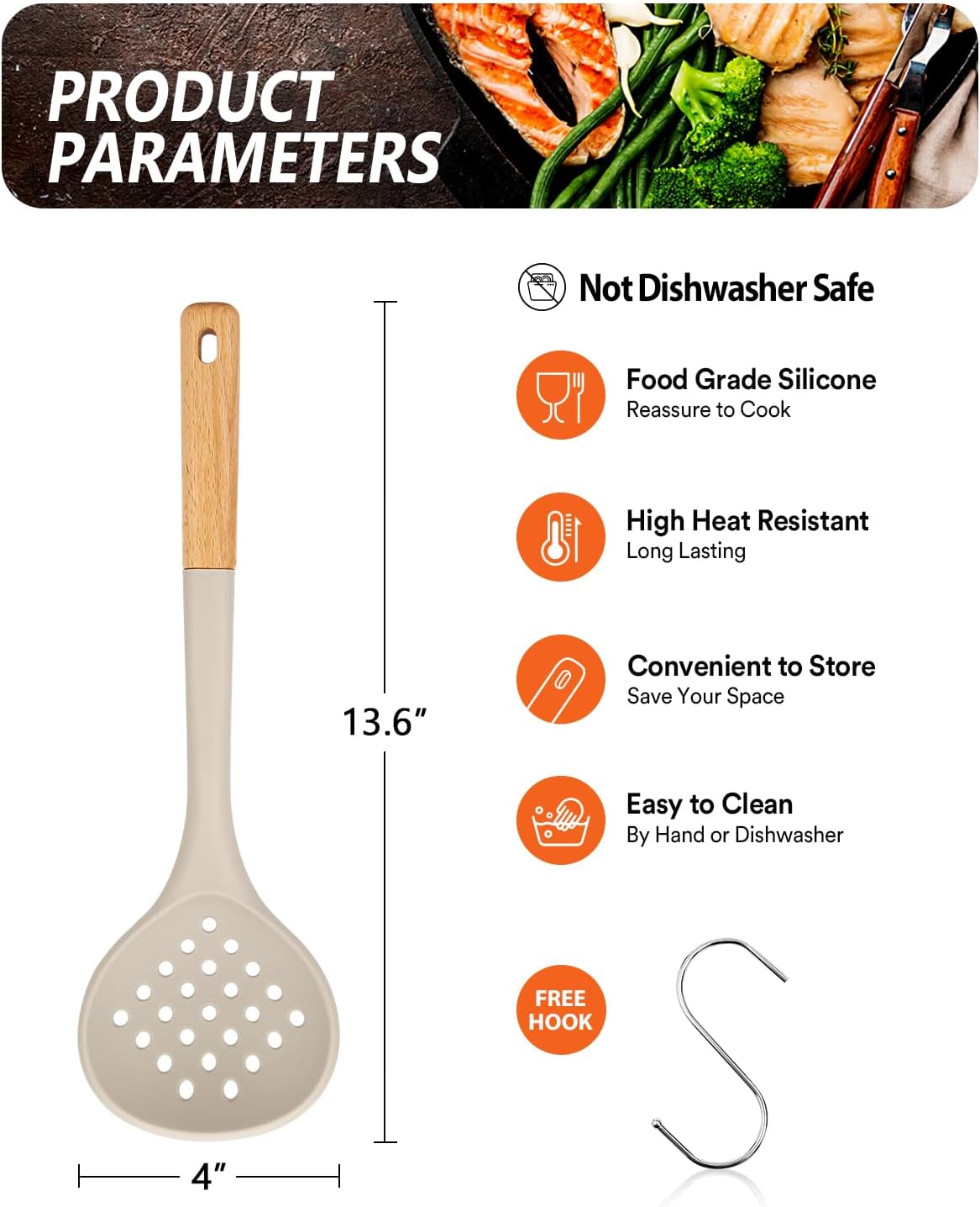 Kitchen Ladle Strainer, Large Slotted Spoon with High Heat Resistant BPA Free, Non Stick Cooking Skimmers For Draining & Frying, 13.2inch (Khaki)