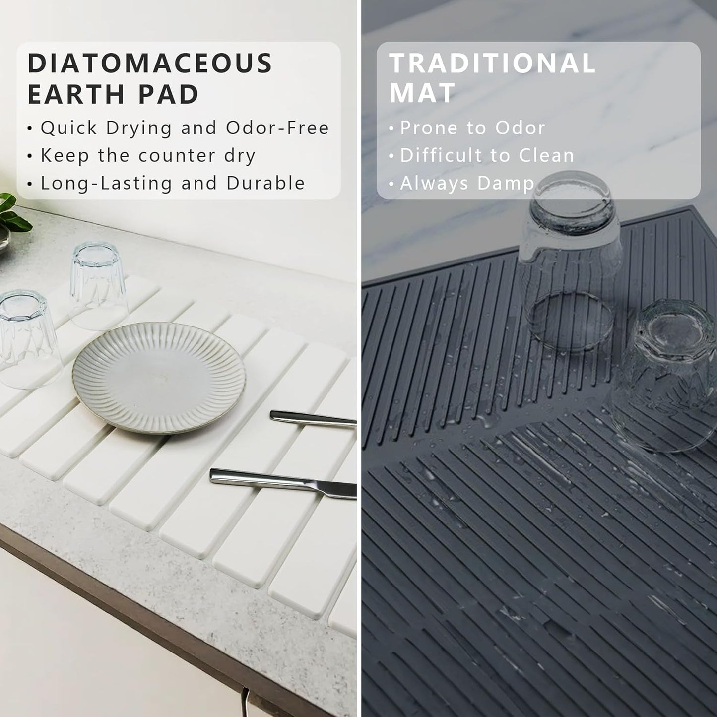 Large Stone Drying Mat for Kitchen Counter Diatomaceous Earth Collapsible 24”（L）*16”（W）Super Heat Resistant Mats, Quick Absorbent Dish Drying Rack（Light Gray）