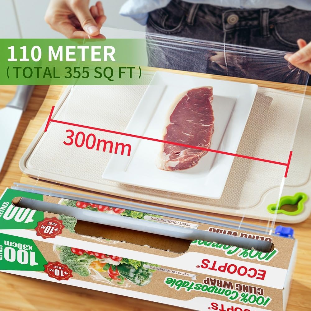 100% Compostable Plastic Cling Wrap Dispenser With Slide Cutter 12 inch Food Service Cling Film Wrap Roll - 12" x 360 Ft ECO friendly Food Wrap(The Slide Cutter stored in The Inner core of The roll)