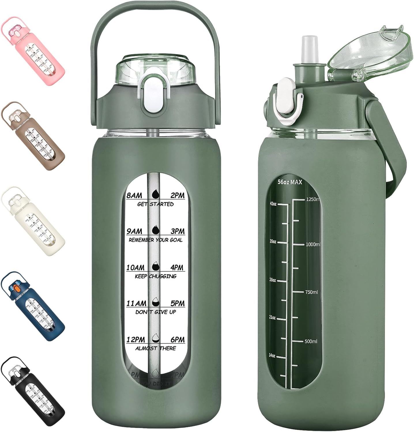 kytffu 56oz Glass Water Bottles with Straw, Motivational Glass Bottle with Silicone Sleeve and Time Marker, Leakproof Large Glass Water Jug for Gym Home Office,Olive