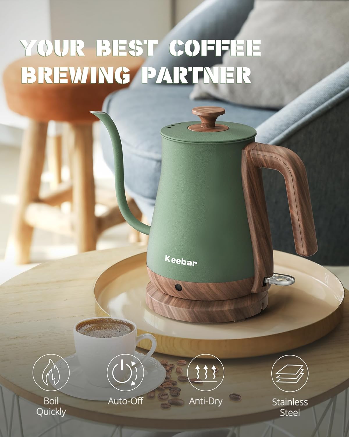 Gooseneck Electric Kettle, Electric Tea Kettle Stainless Steel, Pour over kettle for Coffee, 1000W Hot Water Kettle Electric Auto Shut Off, 0.8L, Wood-like Grain Finish Handle, Matcha Green