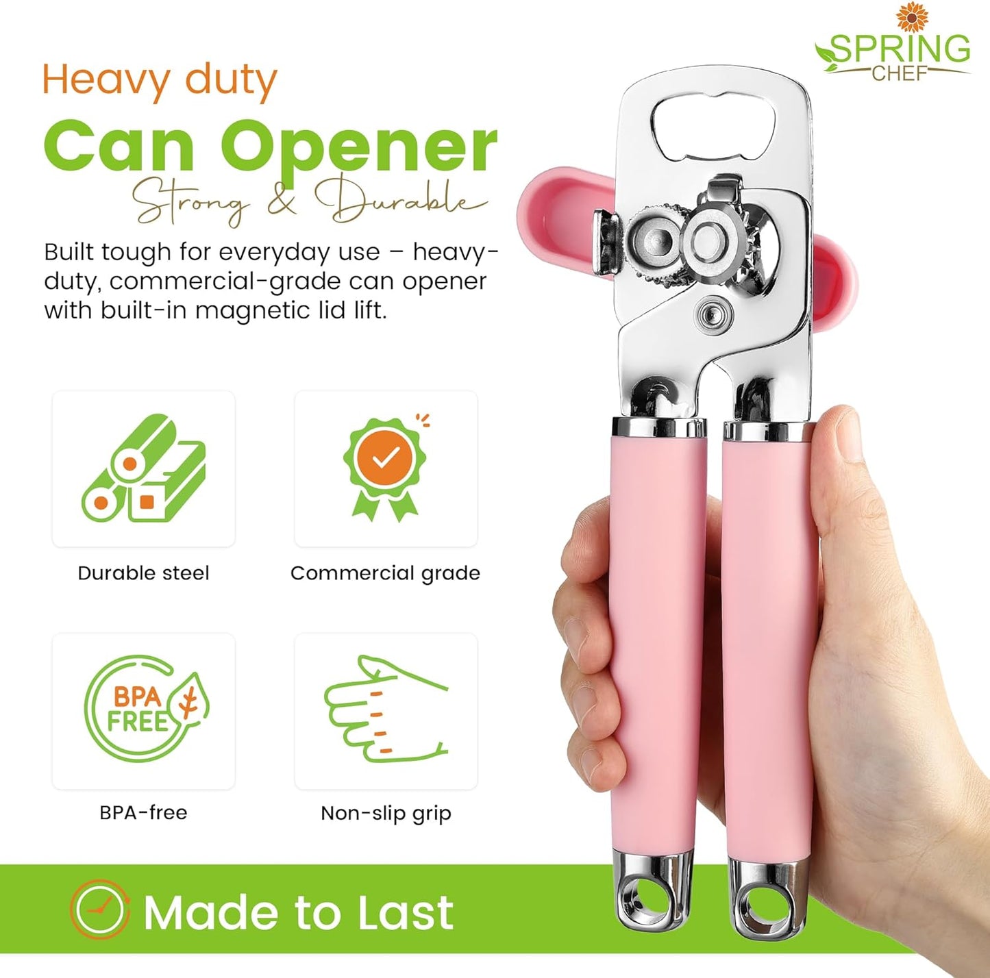 Spring Chef Stainless Steel Can Opener - Manual with Soft Grip Handles, Easy Turn, Heavy Duty Hand Can Openers for Seniors with Smooth Edge - Magnetic Lid Remover - Pink Lemonade