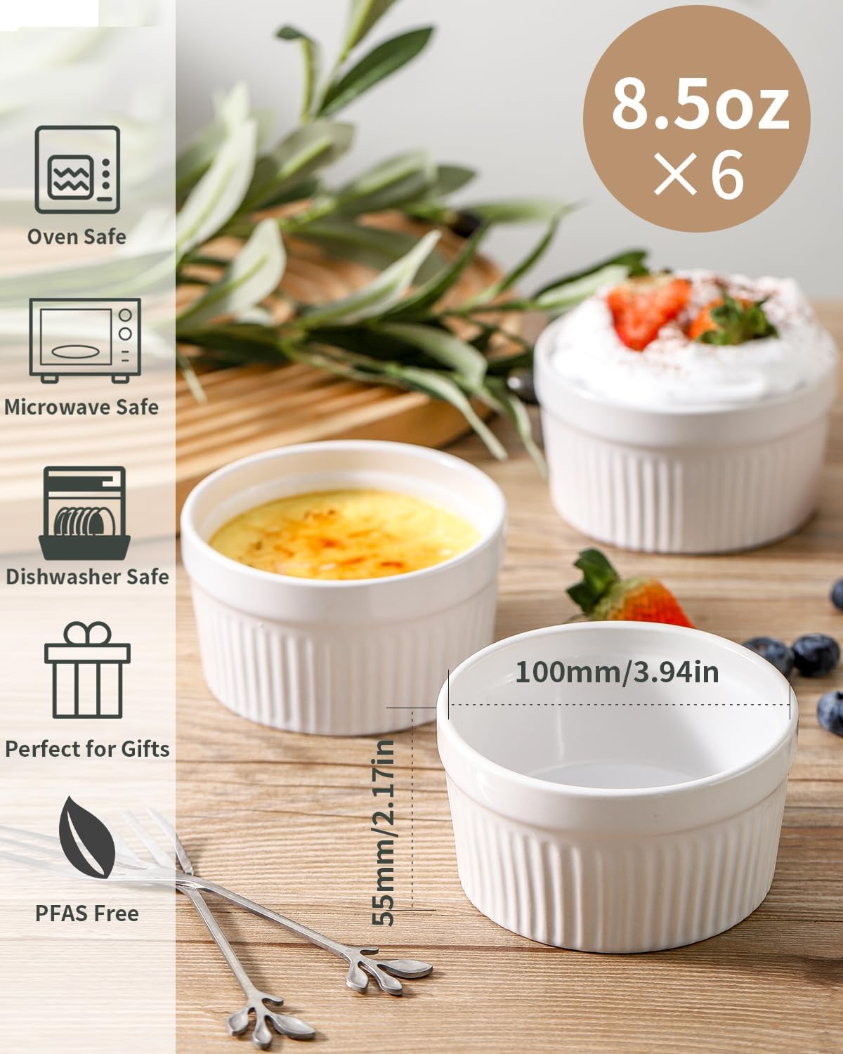 Hasense Ceramic Ramekins, 8 oz Creme Brulee Ramekins Set of 6, Porcelain Souffle Cups for Pudding, Dipping Sauce, Ice Cream, Custard, Ceramic Baking Dish, Dishwashing Safe, White