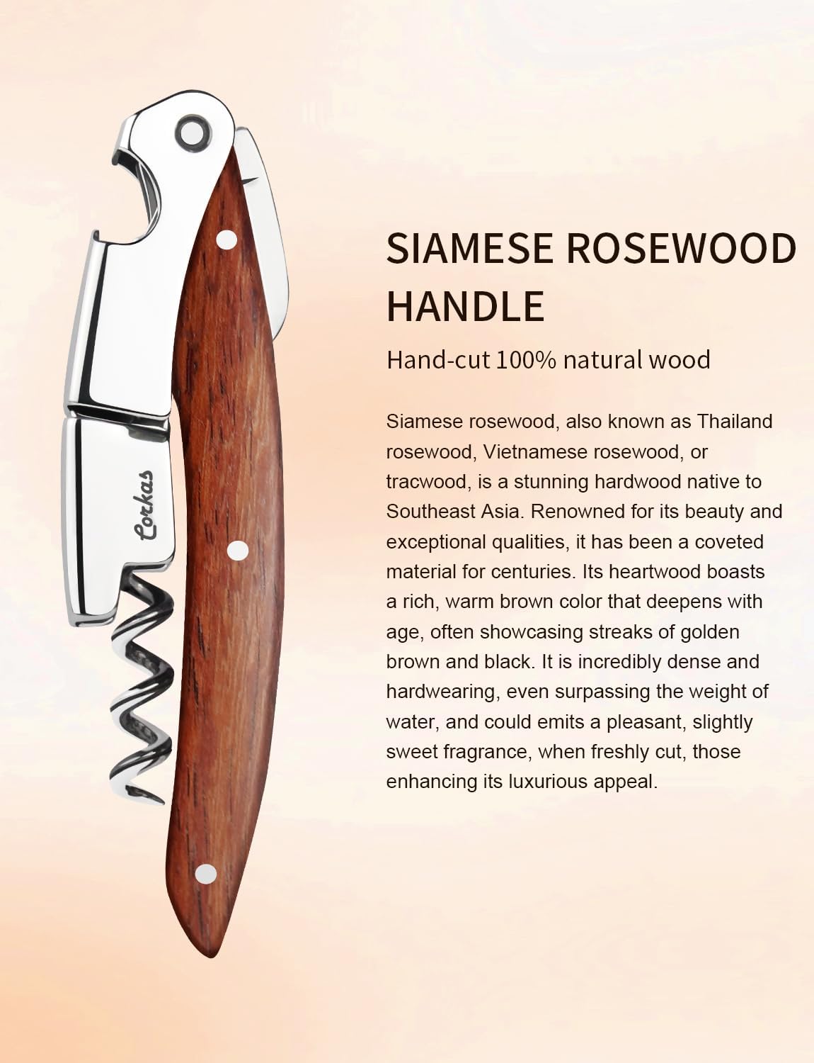 Wine Key - CORKAS Prestige Waiter Corkscrew with Rosewood Handle, Handcrafted Wine Opener Manual with Double Hinged, Foil Cutter and Bottle Opener, Ideal Gifts for Sommelier, Bartenders, Servers